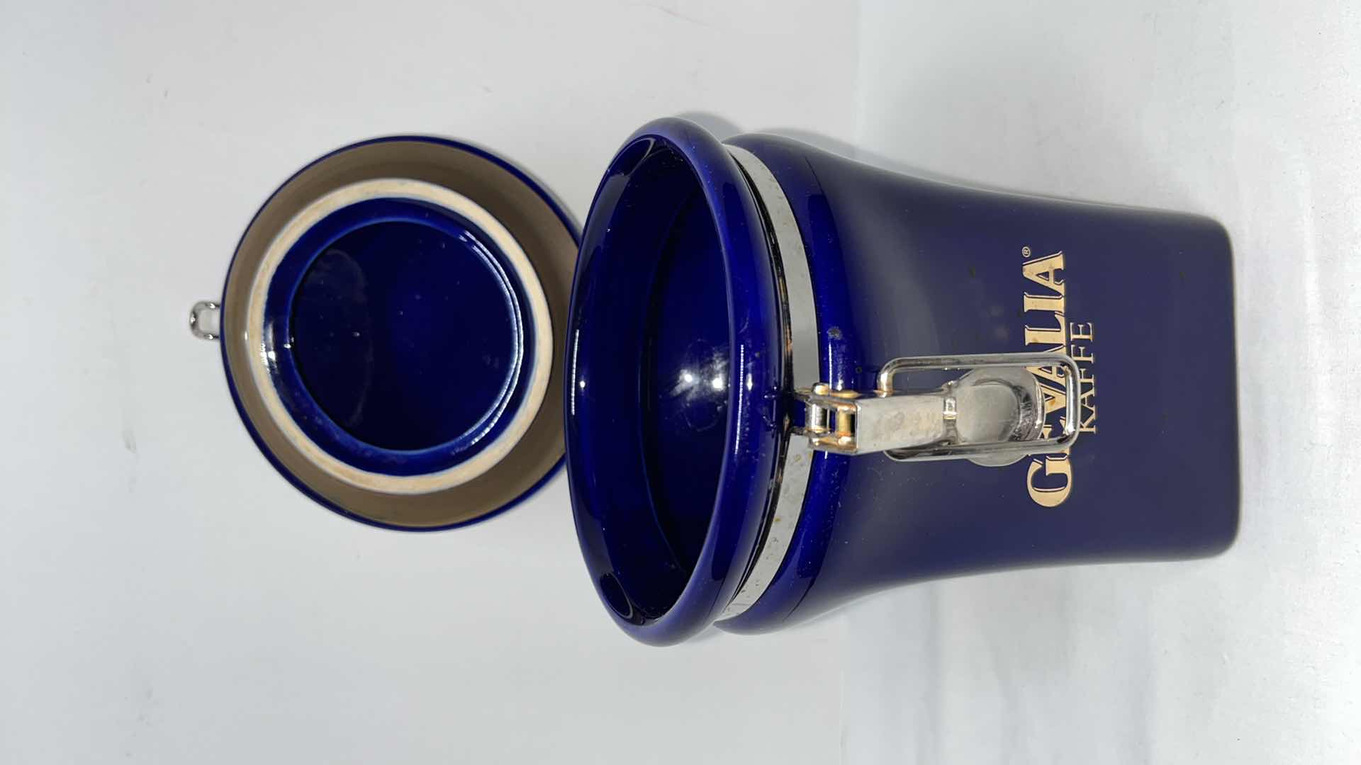 Photo 1 of GEVALIA KAFFE CERAMIC 7.75” FLIP TOP CANISTER W 2 COBALT BLUE 6” COFFEE CUPS