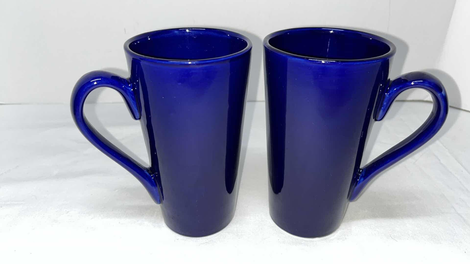 Photo 1 of GEVALIA KAFFE CERAMIC 7.75” FLIP TOP CANISTER W 2 COBALT BLUE 6” COFFEE CUPS