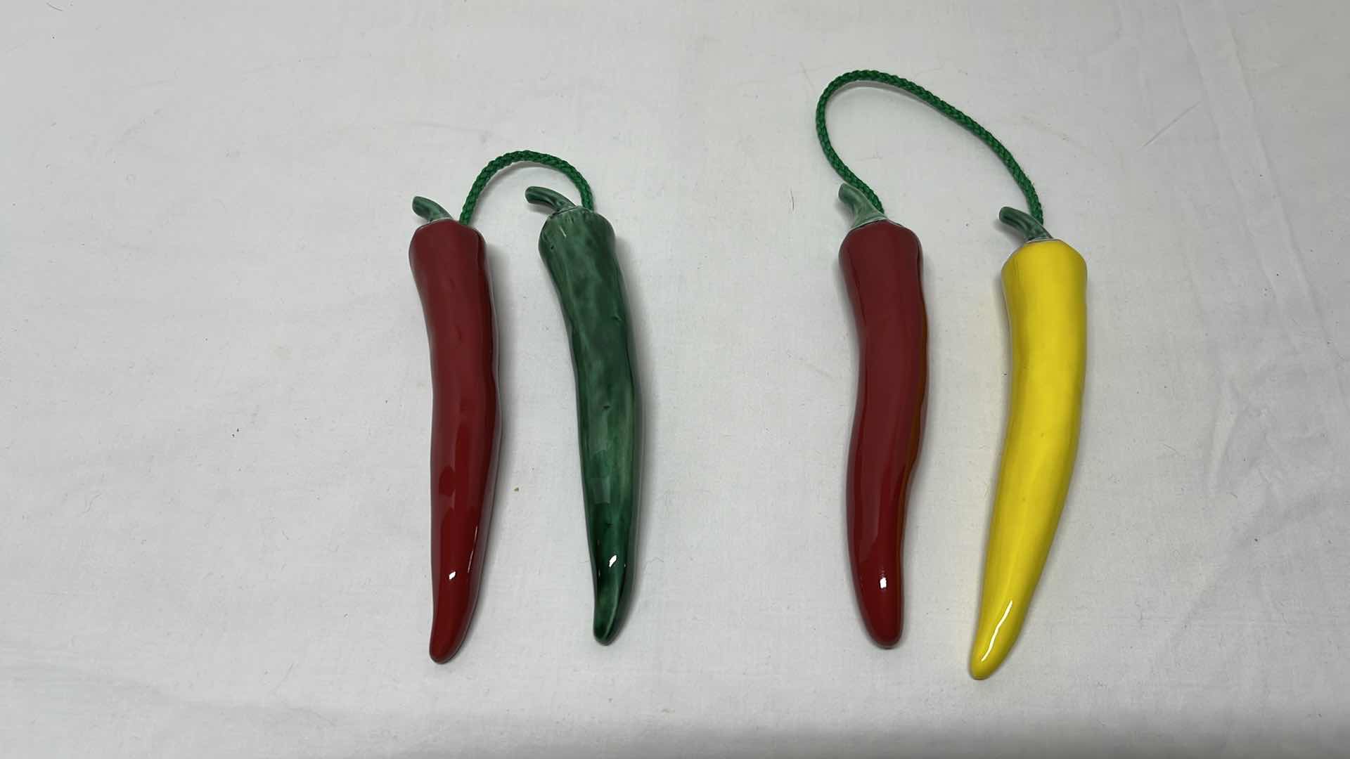 Photo 1 of HAND-PAINTED CERAMIC CHILE PEPPER MIXING BOWLS W CERAMIC HANGING CHILE PEPPERS