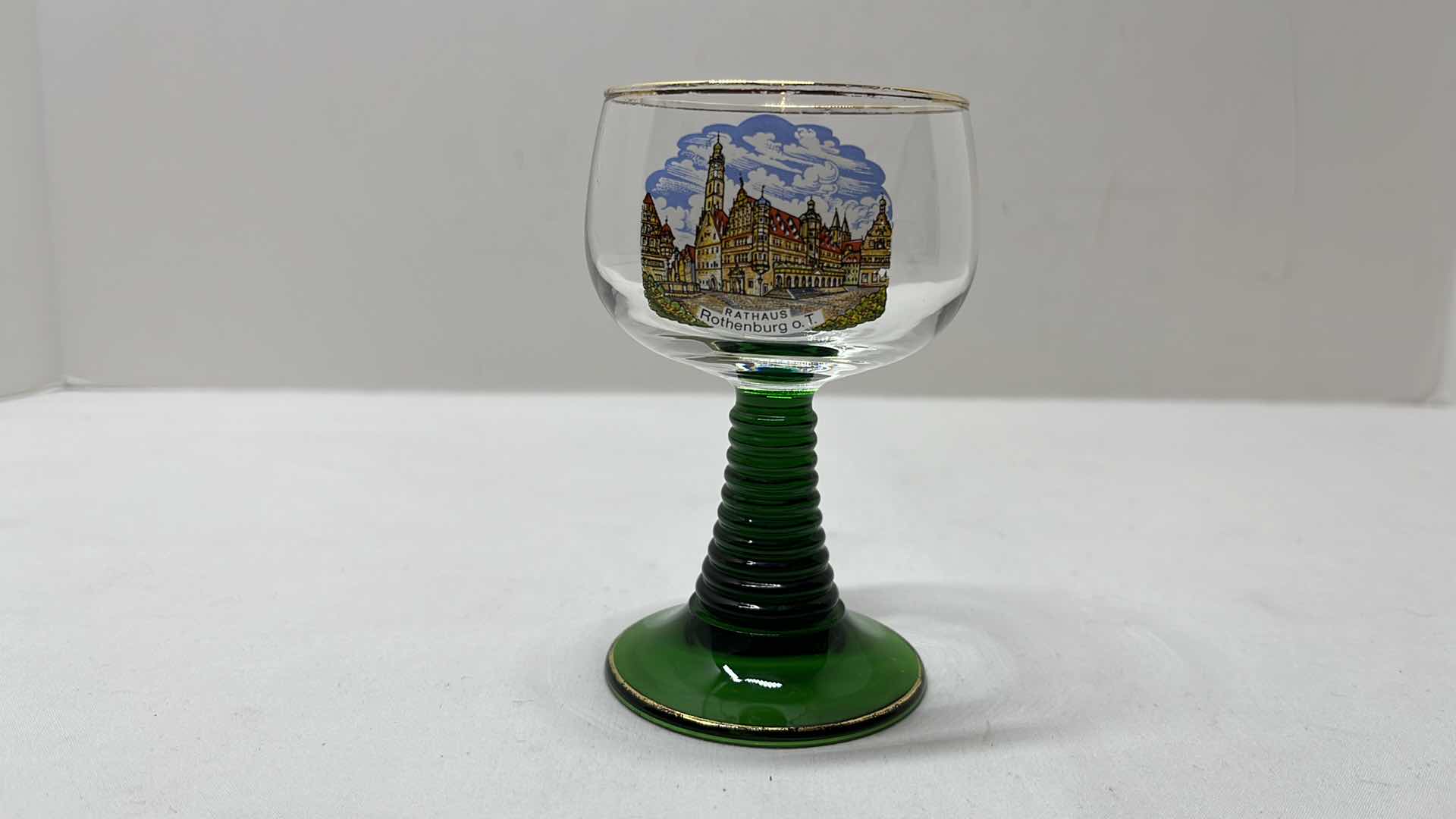 Photo 1 of 2 PC ROEMER SOUVENIR GLASS GOBLETS W GOLD ACCENT RIM & GREEN BEEHIVE STEM, WEST GERMANY 4.5”H