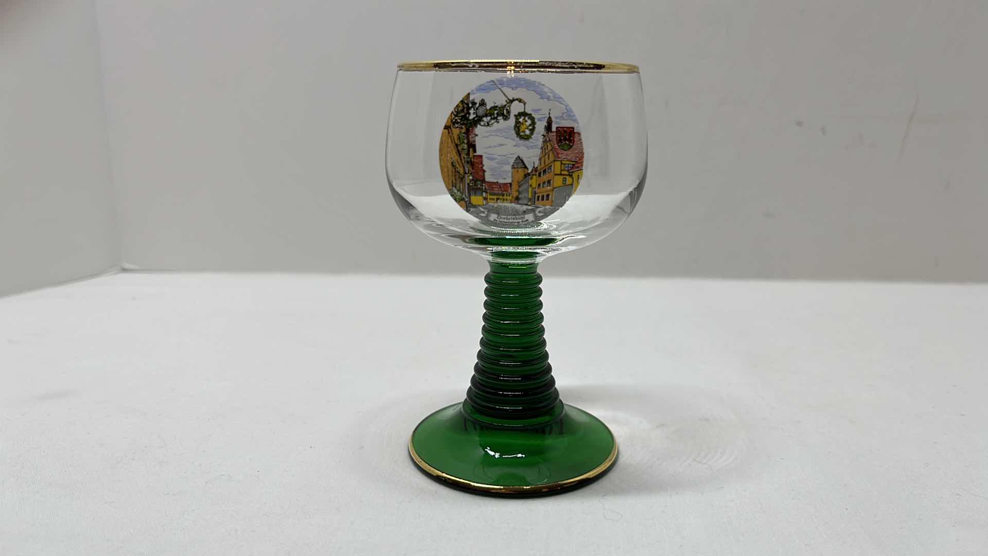Photo 1 of 2 PC ROEMER SOUVENIR GLASS GOBLETS W GOLD ACCENT RIM & GREEN BEEHIVE STEM, WEST GERMANY 4.5”H