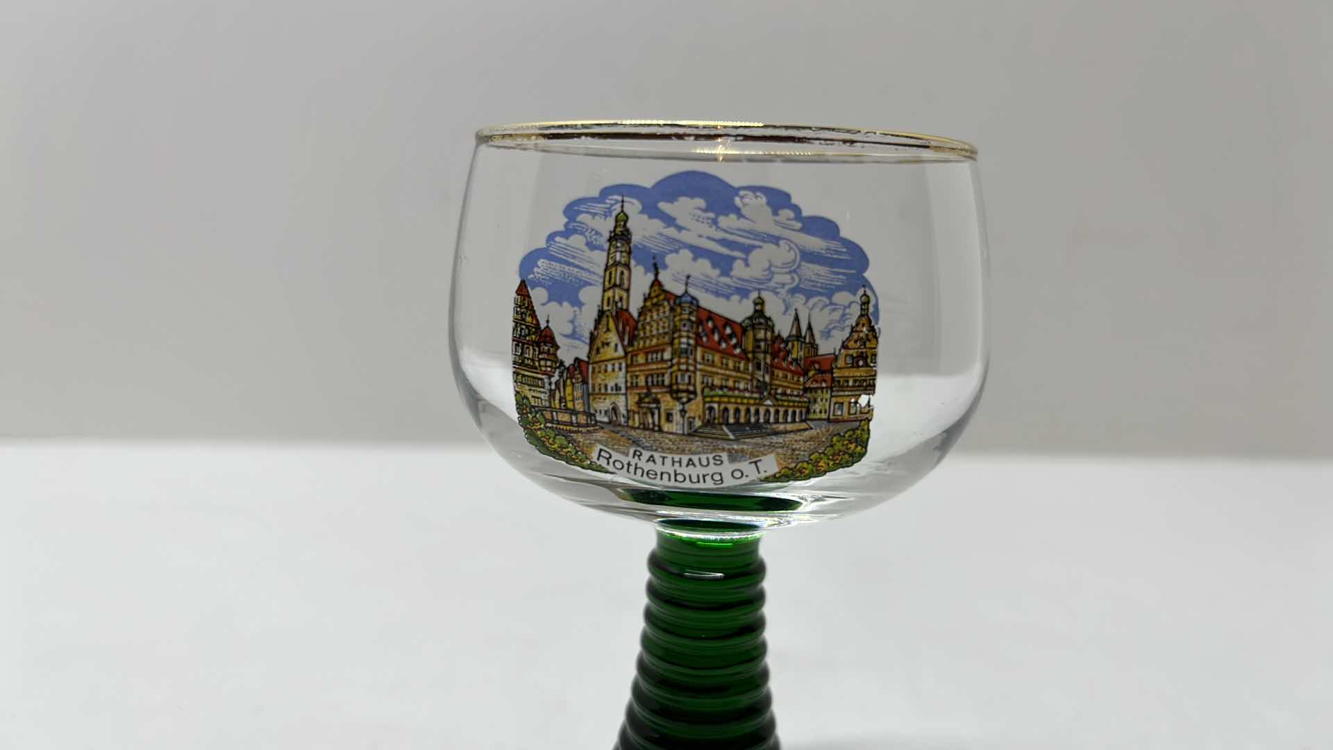 Photo 1 of 2 PC ROEMER SOUVENIR GLASS GOBLETS W GOLD ACCENT RIM & GREEN BEEHIVE STEM, WEST GERMANY 4.5”H