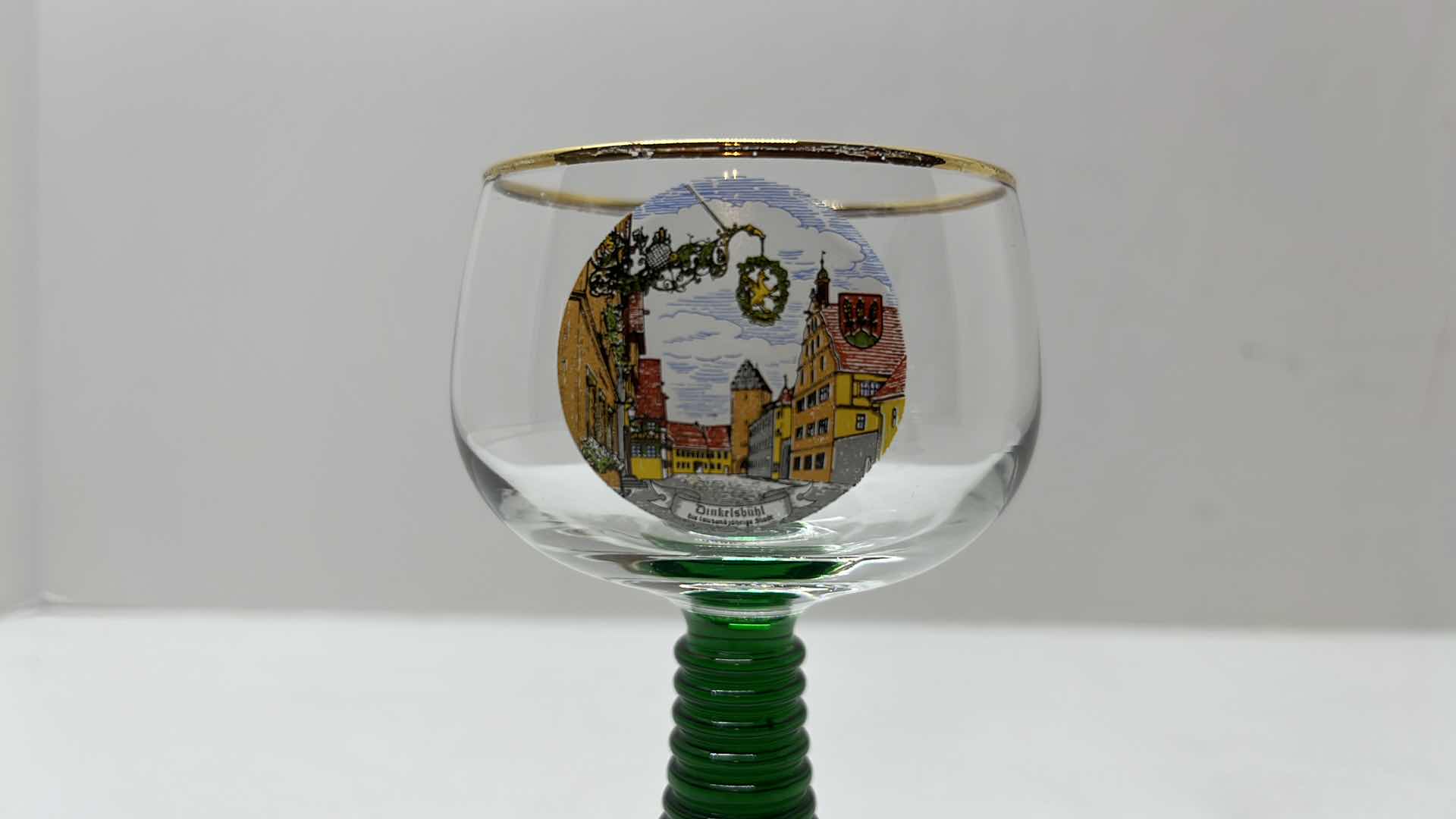 Photo 1 of 2 PC ROEMER SOUVENIR GLASS GOBLETS W GOLD ACCENT RIM & GREEN BEEHIVE STEM, WEST GERMANY 4.5”H
