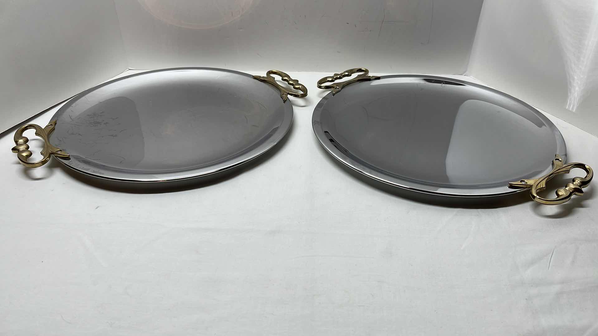 Photo 1 of 2 PCS VINTAGE KROMEX CHROME ROUND SERVING TRAY W GOLD TONE HANDLES 13.25”
