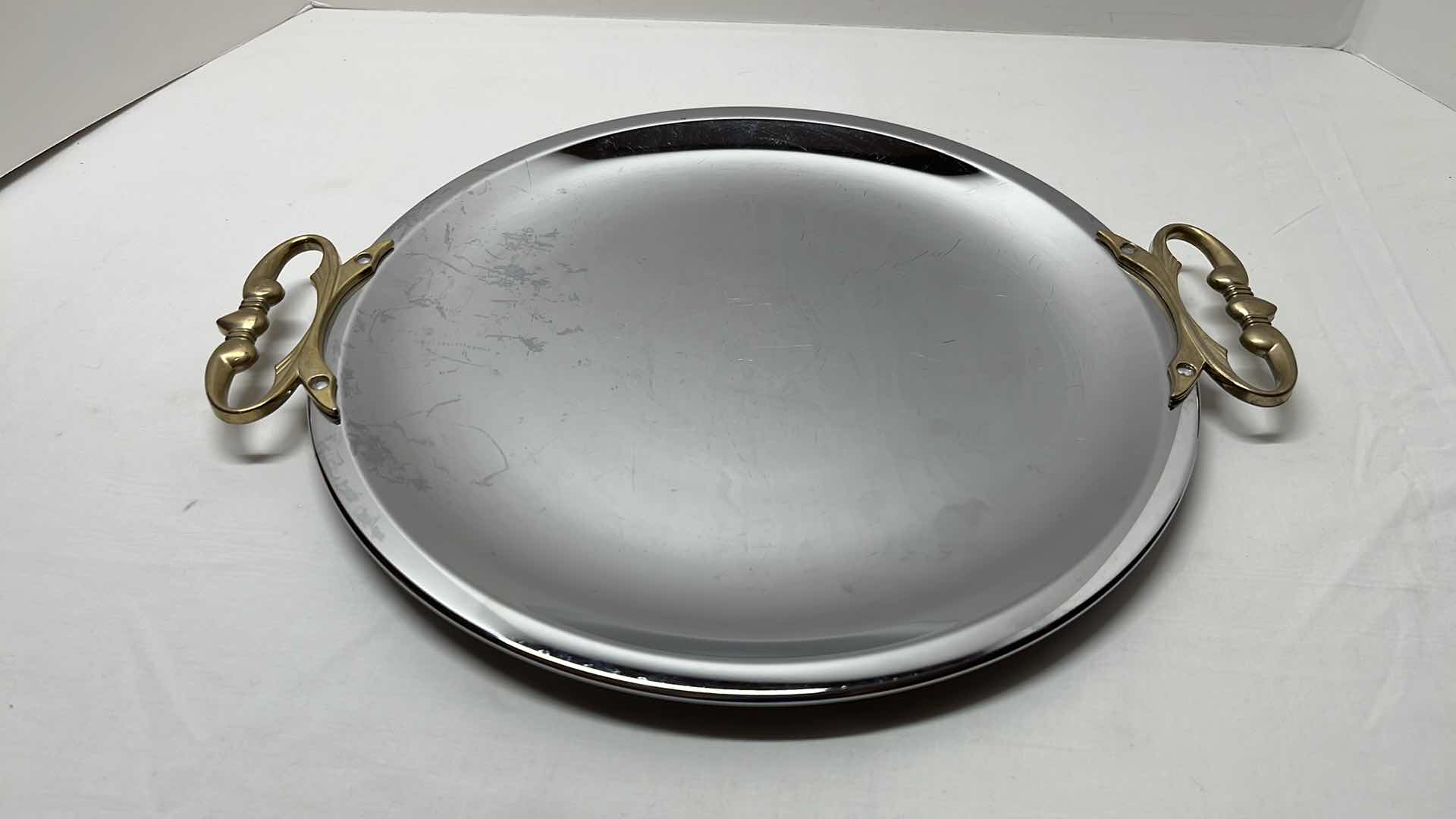 Photo 1 of 2 PCS VINTAGE KROMEX CHROME ROUND SERVING TRAY W GOLD TONE HANDLES 13.25”
