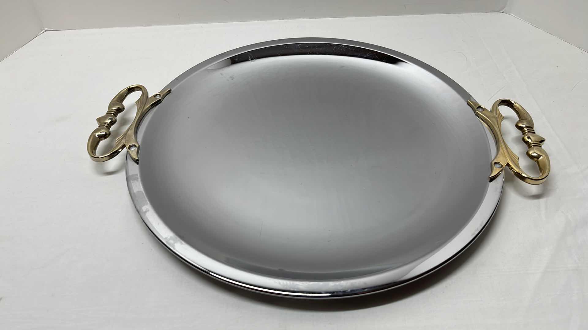 Photo 1 of 2 PCS VINTAGE KROMEX CHROME ROUND SERVING TRAY W GOLD TONE HANDLES 13.25”