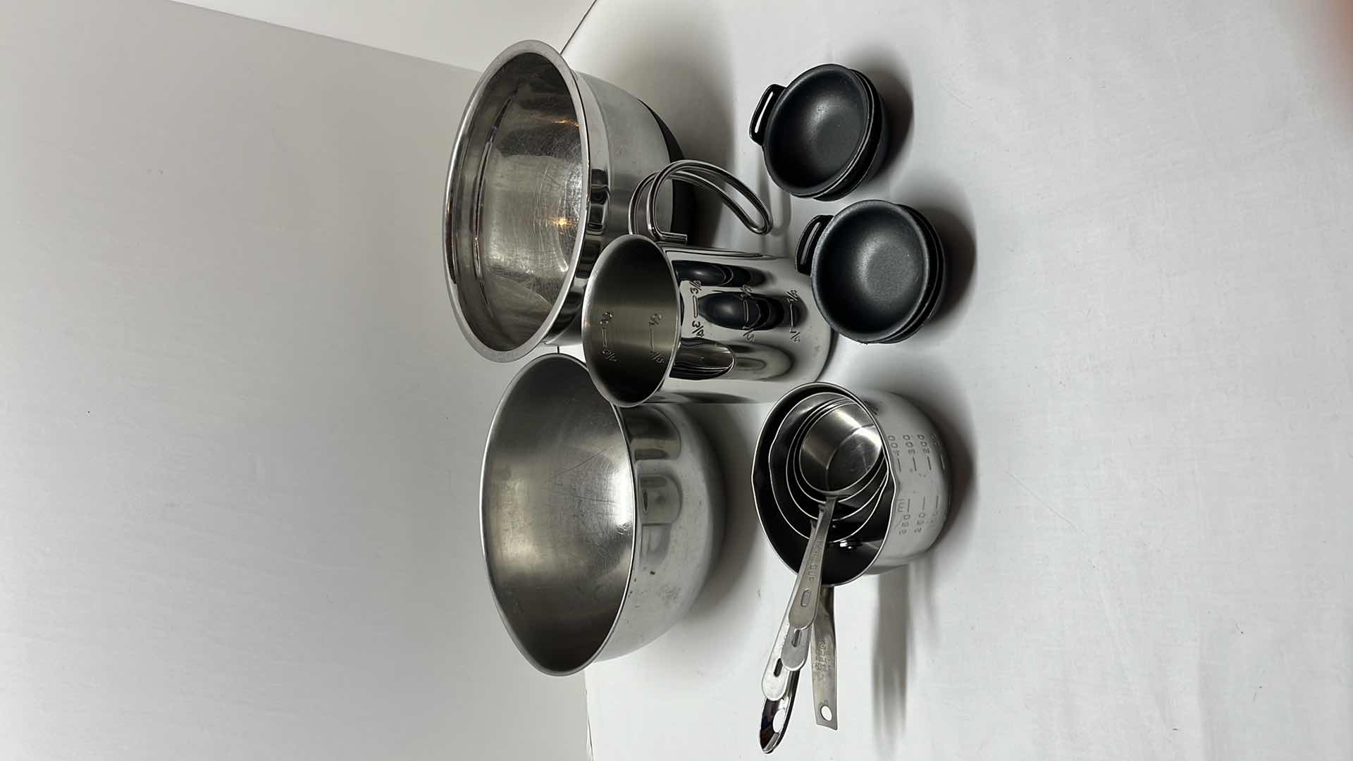 Photo 1 of MIXING BOWLS (2), STEEL MEASURING CUP, MEASURING CUP SET OF 4, ALL-CLAD BUTTER/SAUCE PAN & ALUMINUM CONDIMENT/MEASURING BOWLS (6)