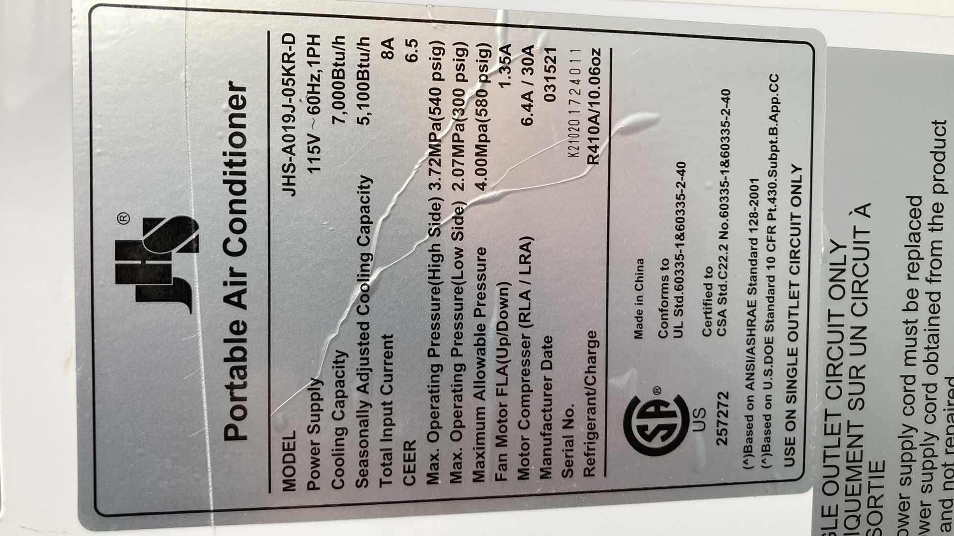 Photo 1 of JHS PORTABLE AIR CONDITIONER MODEL JHSA019J05KRD