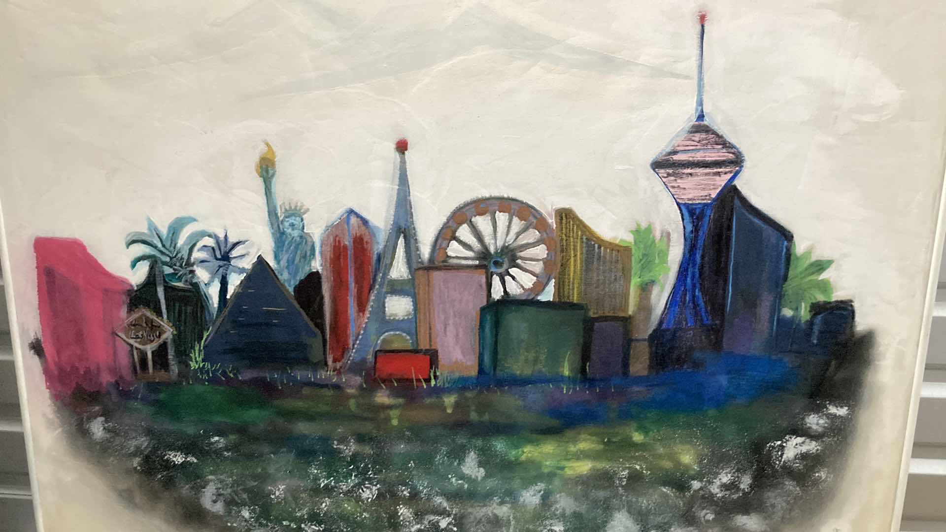 Photo 1 of LAS VEGAS CASINO SKYLINE PAINTED FRAMED CANVAS ARTWORK BY LOCAL ARTIST 60.5” X 48.25”