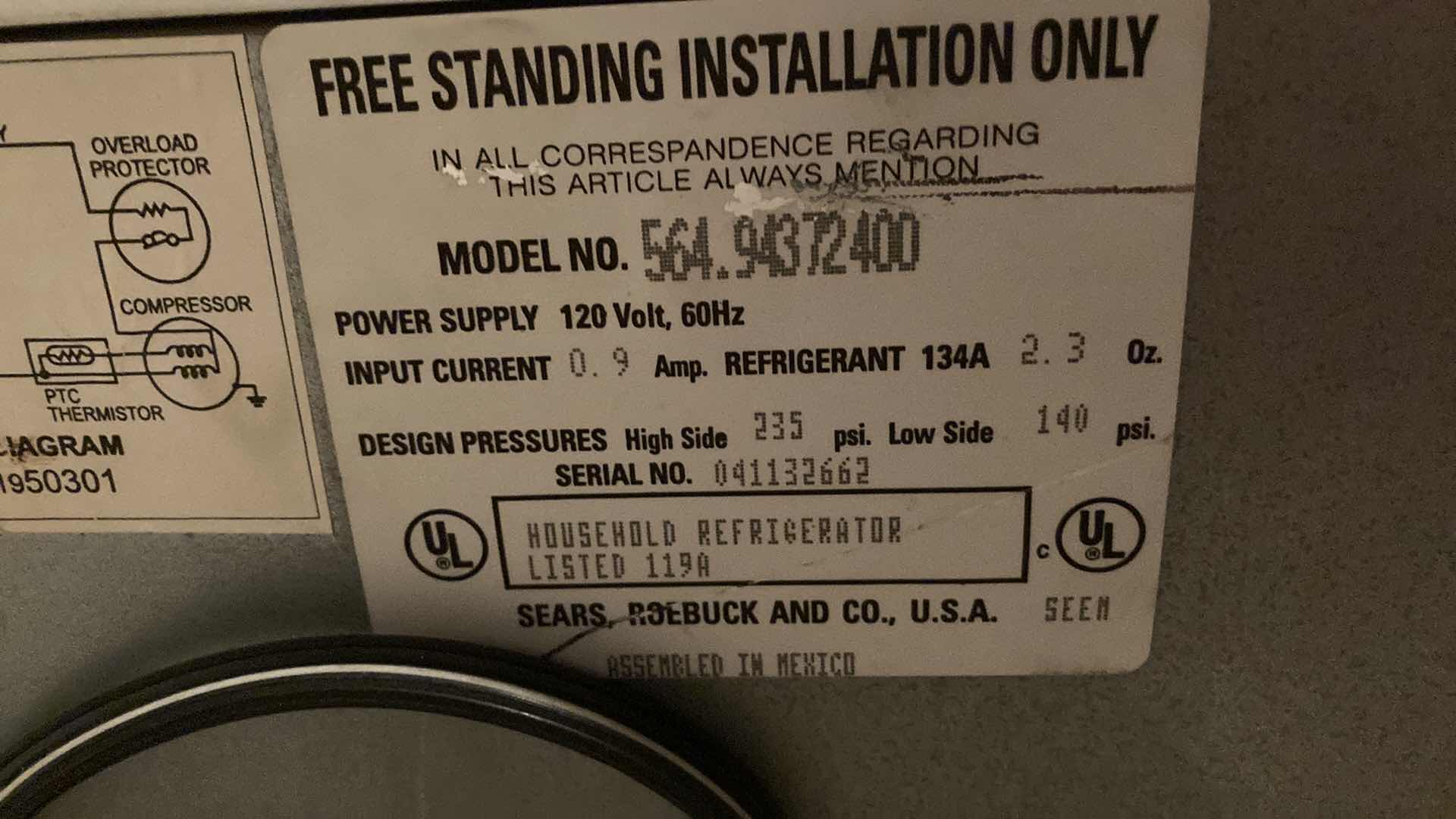 Photo 1 of KENMORE MINI REFRIGERATOR MODEL 56494372400