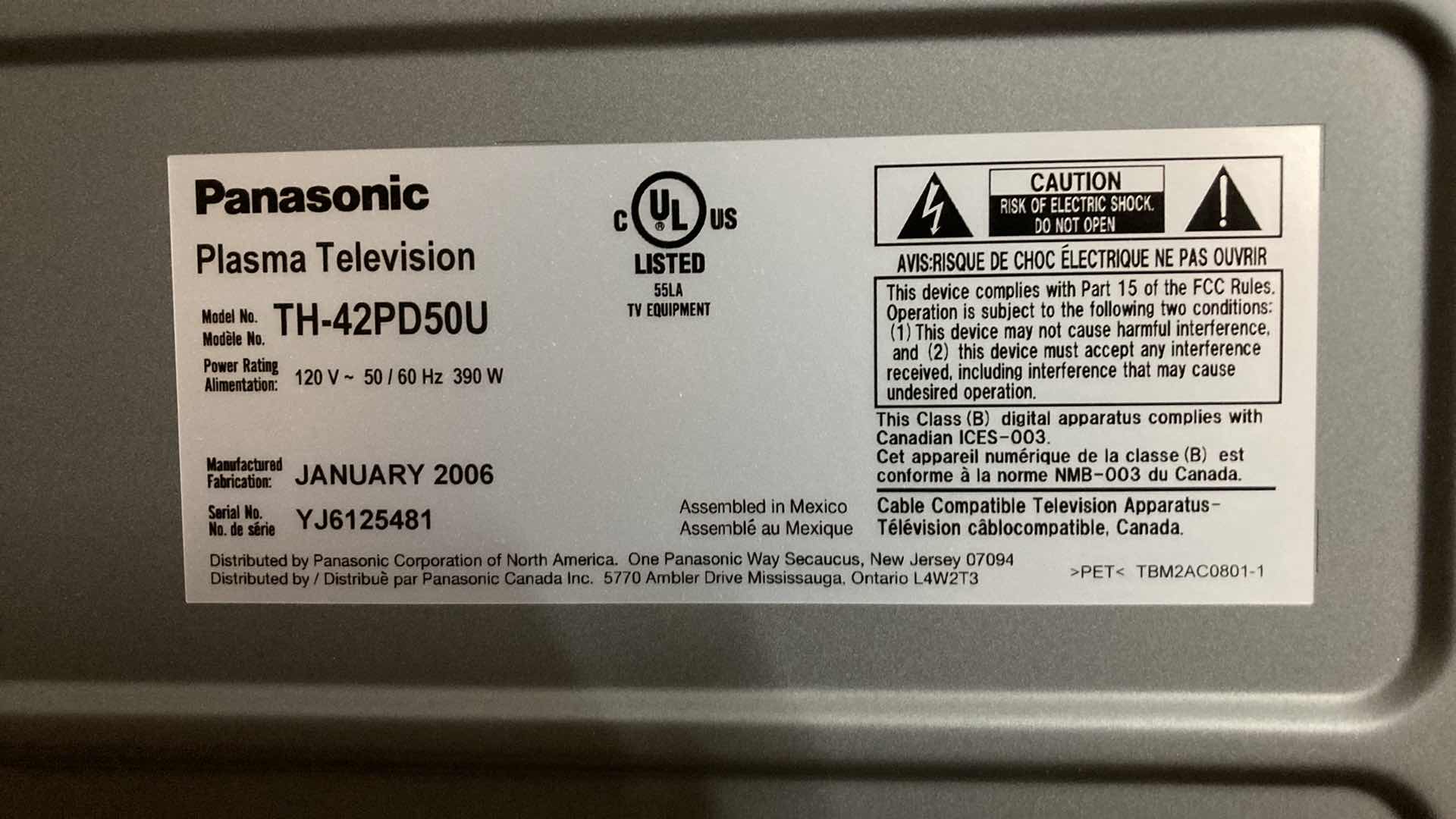 Photo 1 of PANASONIC 42” PLASMA TV MODEL TH42PD50U W REMOTE