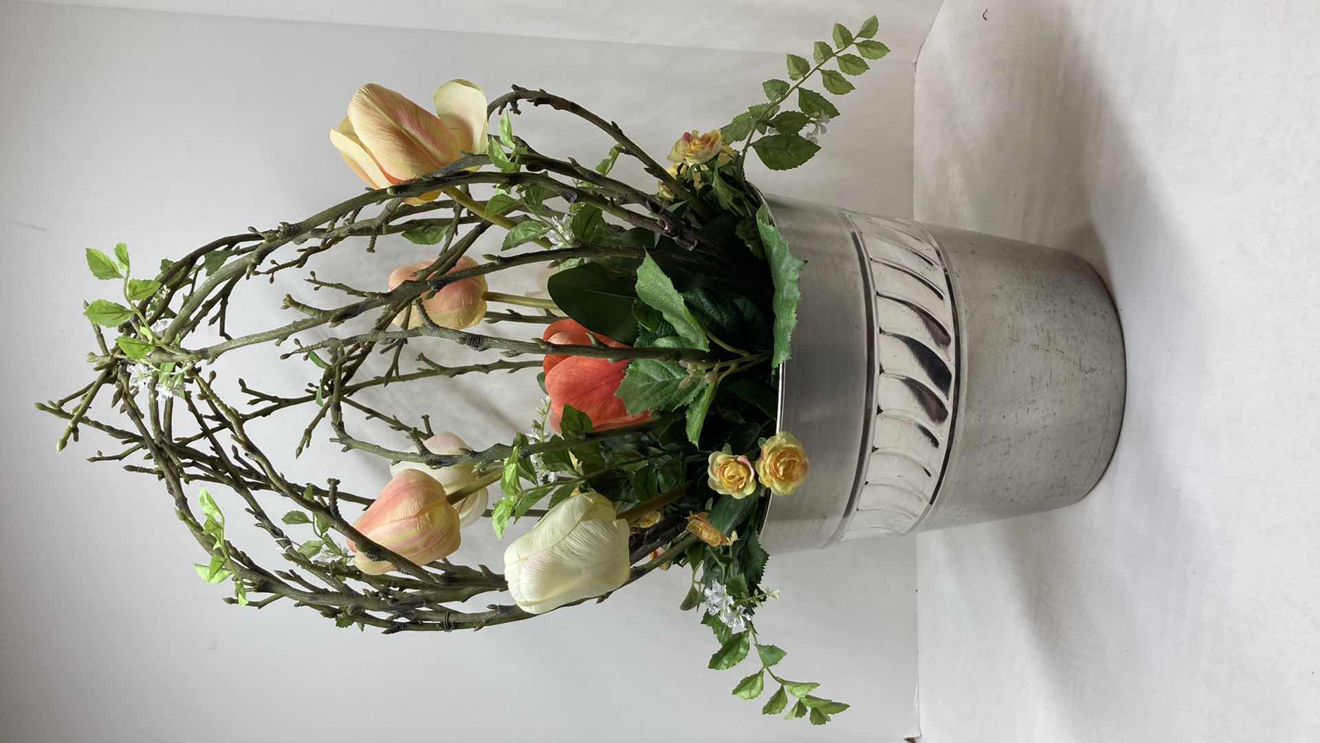 Photo 1 of SPRING ARRANGEMENT FLOWERS W CHROME FINISH PLANTER 9.5” X 9”