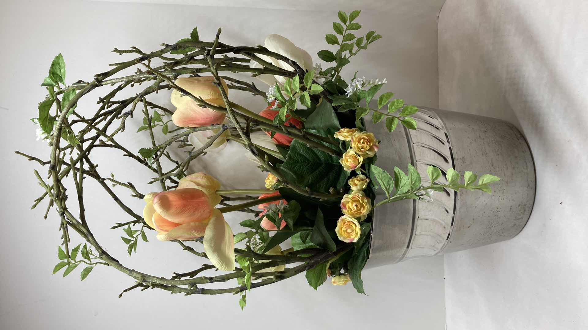 Photo 1 of SPRING ARRANGEMENT FLOWERS W CHROME FINISH PLANTER 9.5” X 9”