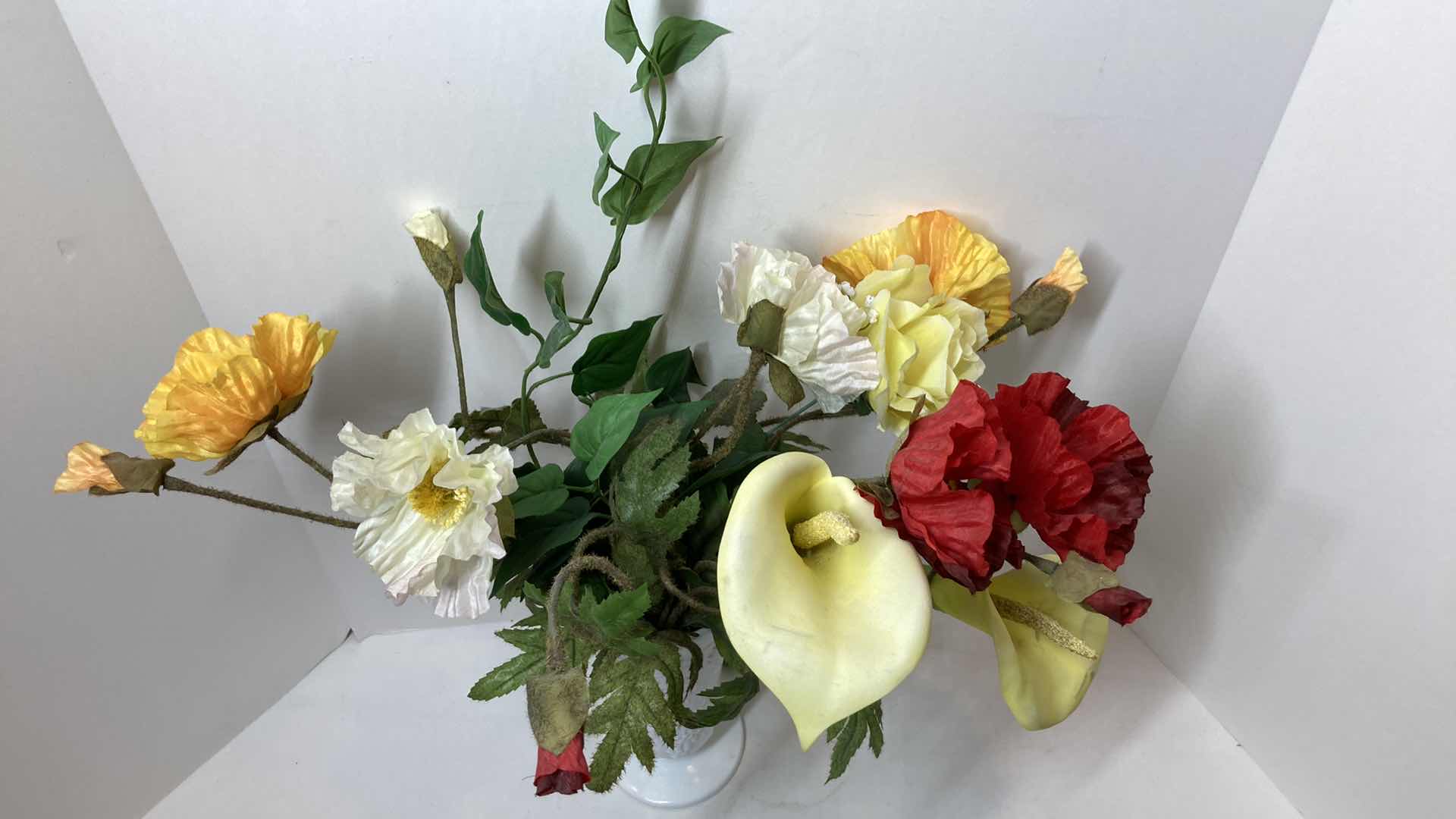 Photo 1 of MILK GLASS VASE W FLOWERS 5” X 10”