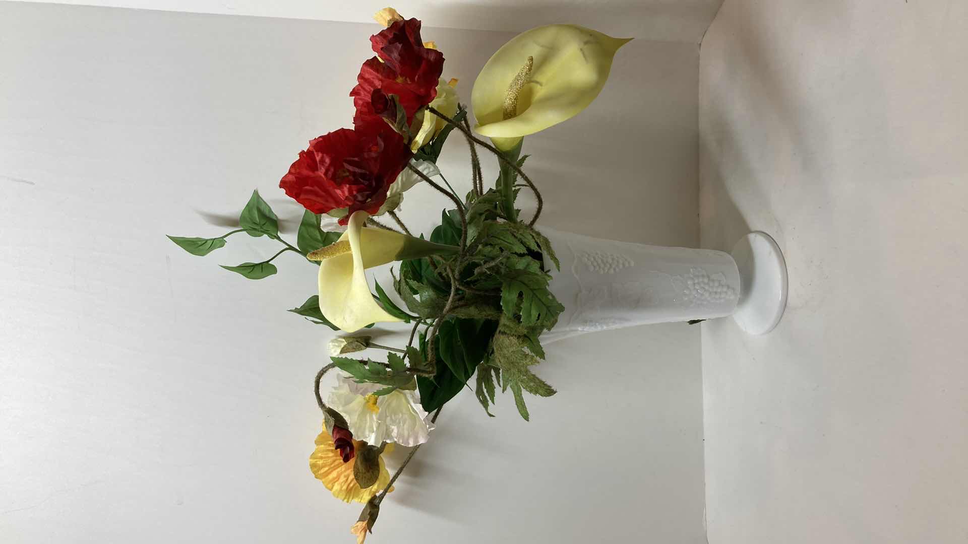 Photo 1 of MILK GLASS VASE W FLOWERS 5” X 10”