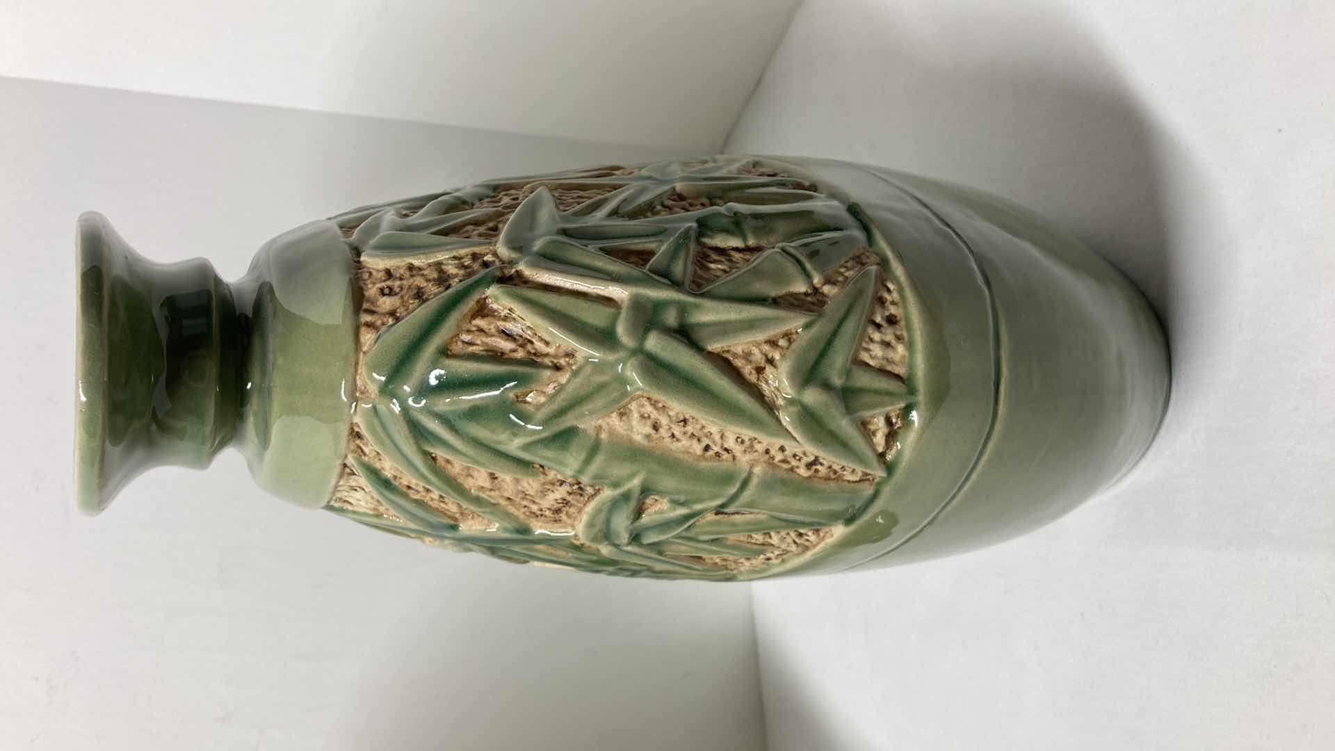 Photo 1 of BAMBOO THEMED GREEN CERAMIC CANDLE PEDESTAL & VASE 12” X 14”