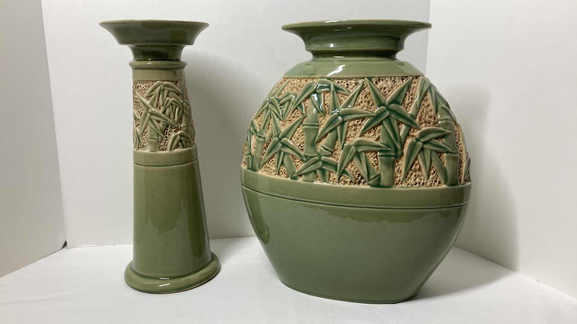 Photo 1 of BAMBOO THEMED GREEN CERAMIC CANDLE PEDESTAL & VASE 12” X 14”