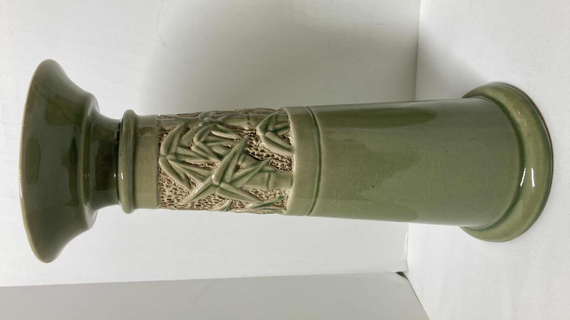 Photo 1 of BAMBOO THEMED GREEN CERAMIC CANDLE PEDESTAL & VASE 12” X 14”