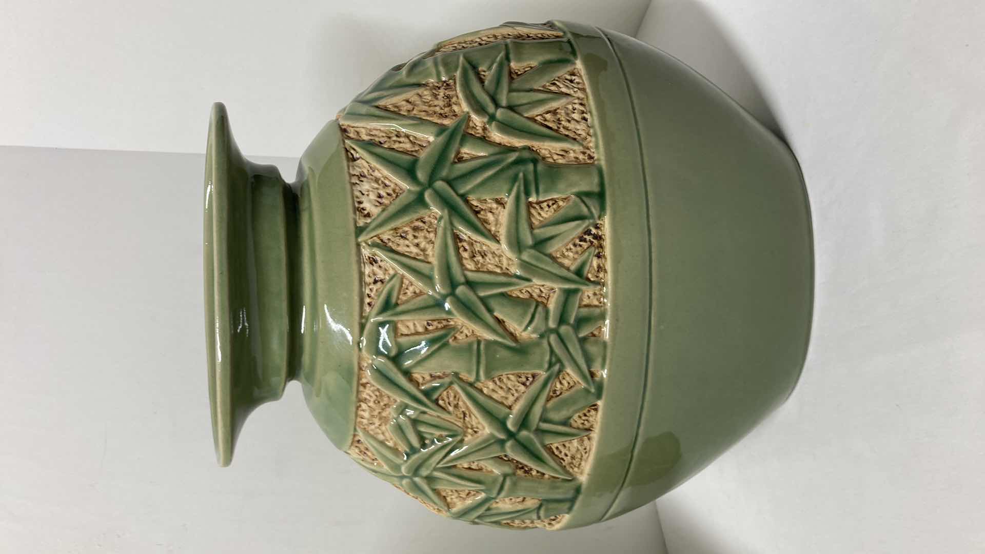 Photo 1 of BAMBOO THEMED GREEN CERAMIC CANDLE PEDESTAL & VASE 12” X 14”