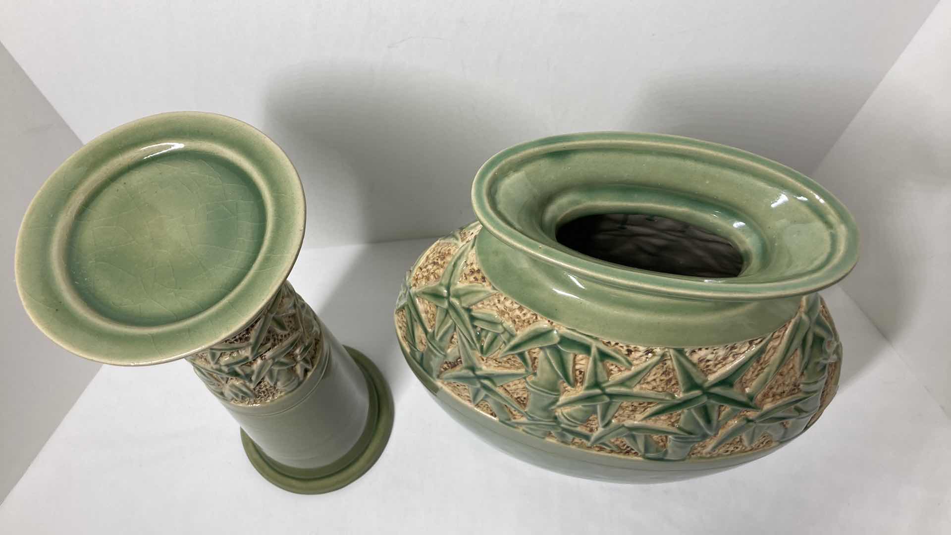 Photo 1 of BAMBOO THEMED GREEN CERAMIC CANDLE PEDESTAL & VASE 12” X 14”