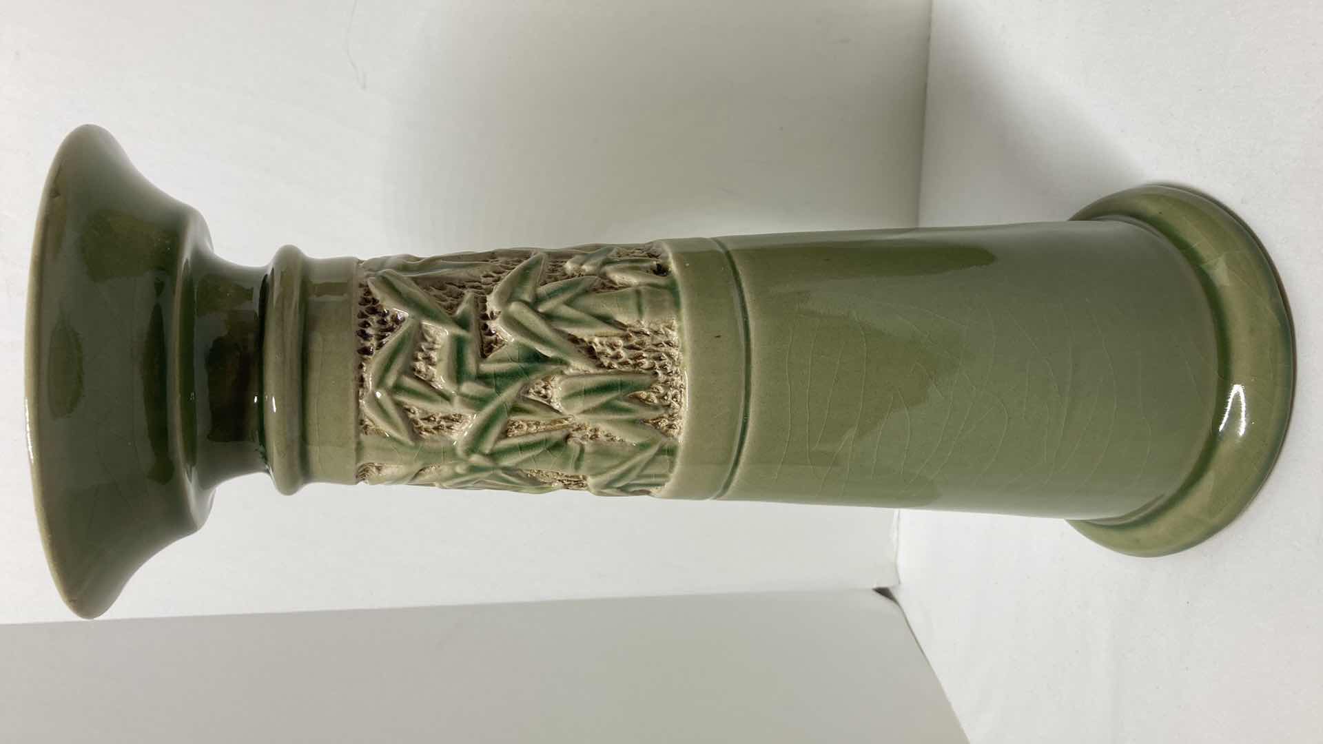 Photo 1 of BAMBOO THEMED GREEN CERAMIC CANDLE PEDESTAL & VASE 12” X 14”