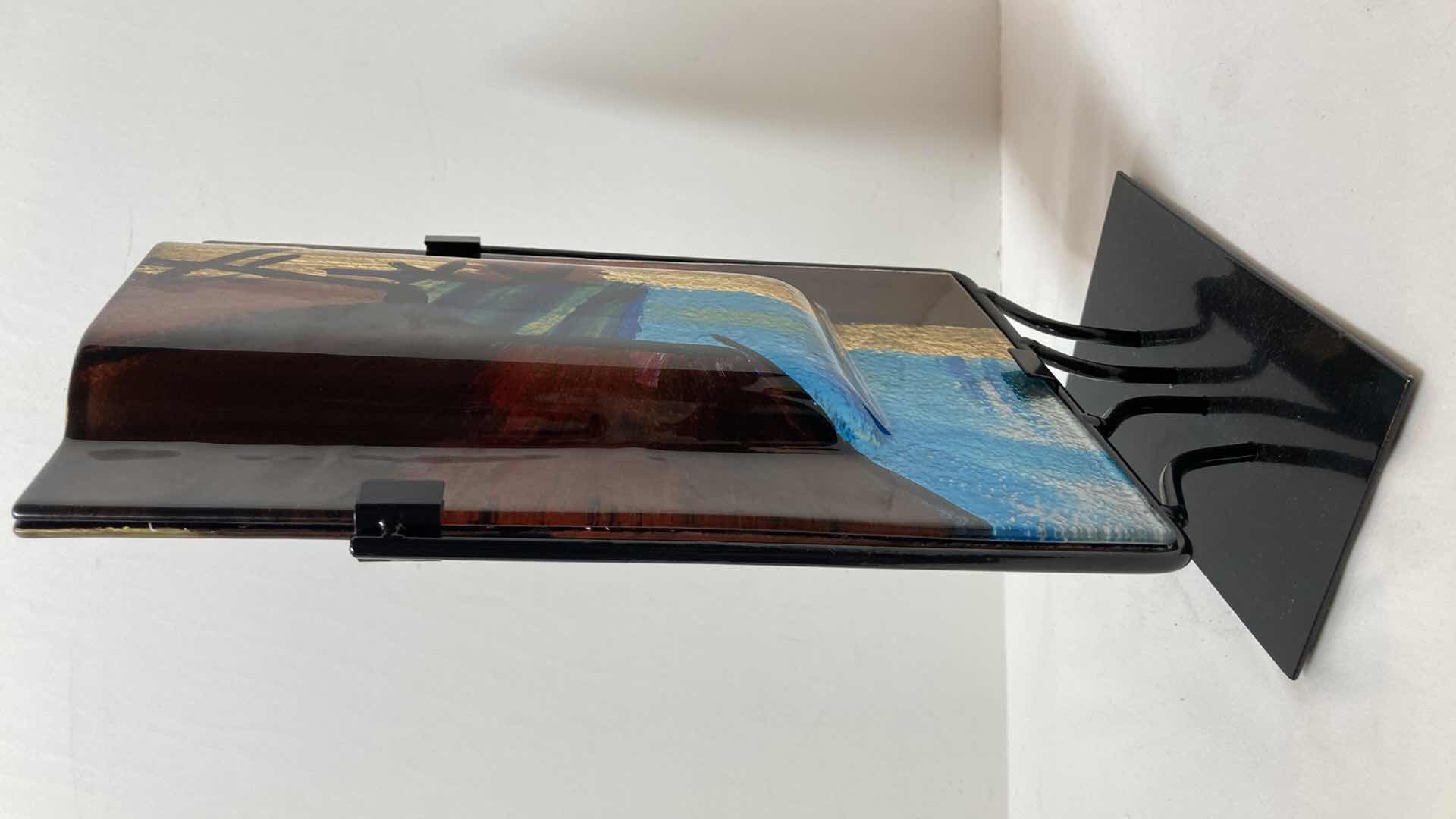 Photo 4 of JASMINE ART GLASS RECTANGULAR VASE W BLACK METAL STAND 8” X 4” H14”