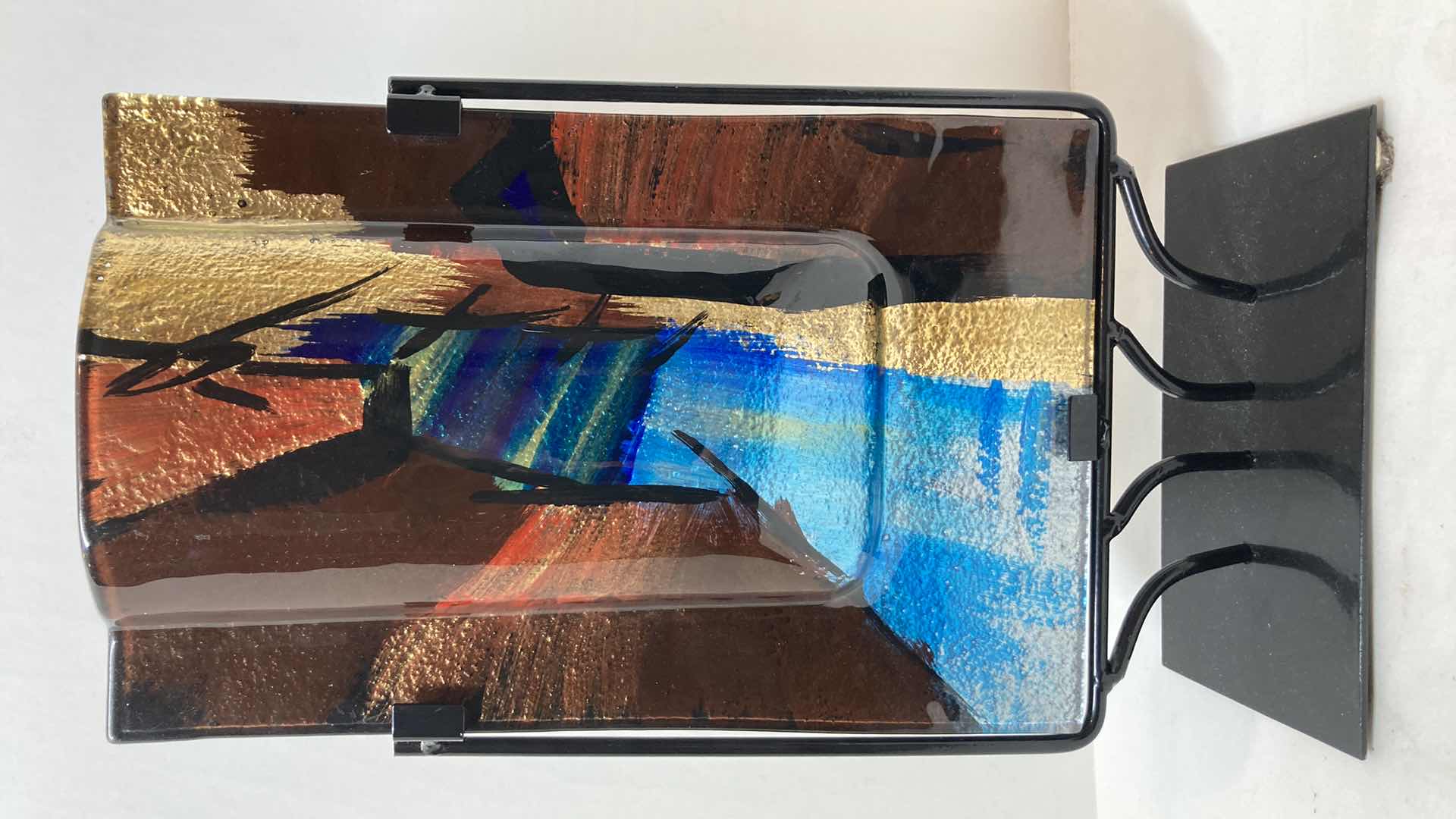 Photo 1 of JASMINE ART GLASS RECTANGULAR VASE W BLACK METAL STAND 8” X 4” H14”