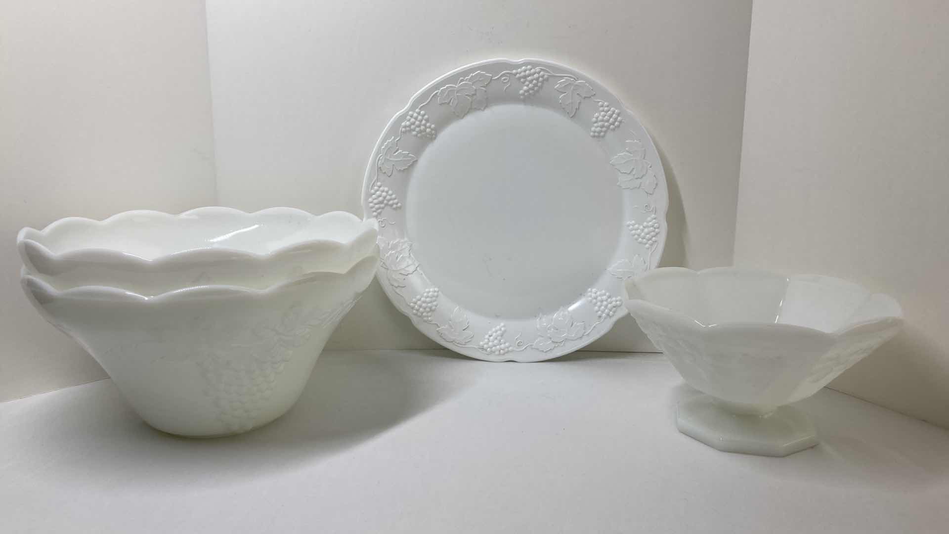 Photo 1 of MILK GLASS GRAPEVINE PUNCH BOWLS & PLATTER W PEDESTAL SERVING BOWL