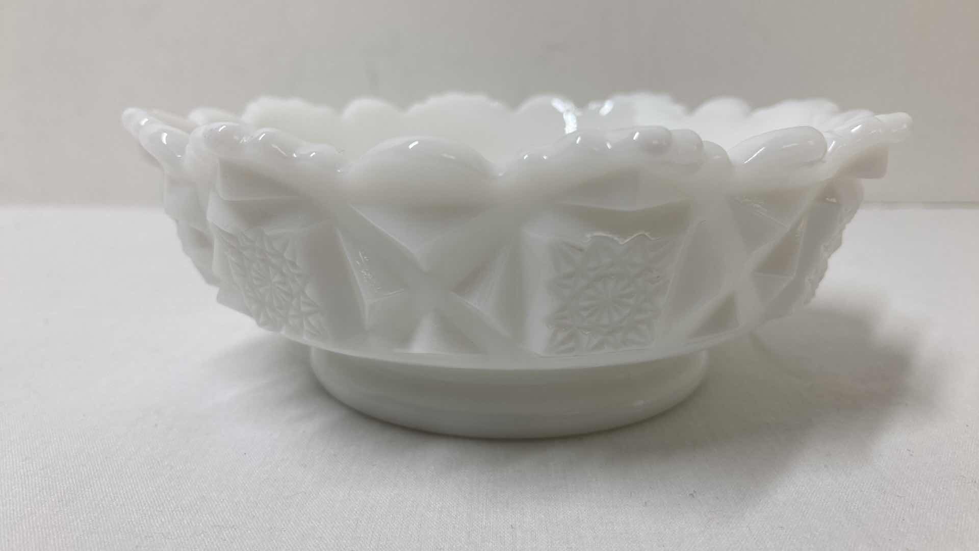 Photo 1 of WESTMORELAND MILK GLASS GRAPEVINE NAPKIN HOLD & HOBNAIL CANDY DISH W GRAPEVINE PEDESTAL SERVING BOWL