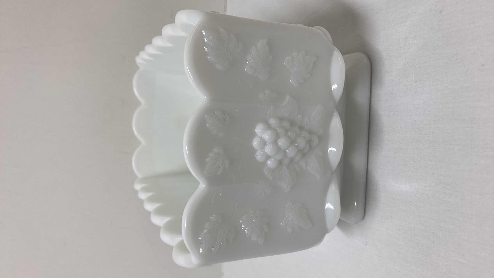 Photo 1 of WESTMORELAND MILK GLASS GRAPEVINE NAPKIN HOLD & HOBNAIL CANDY DISH W GRAPEVINE PEDESTAL SERVING BOWL
