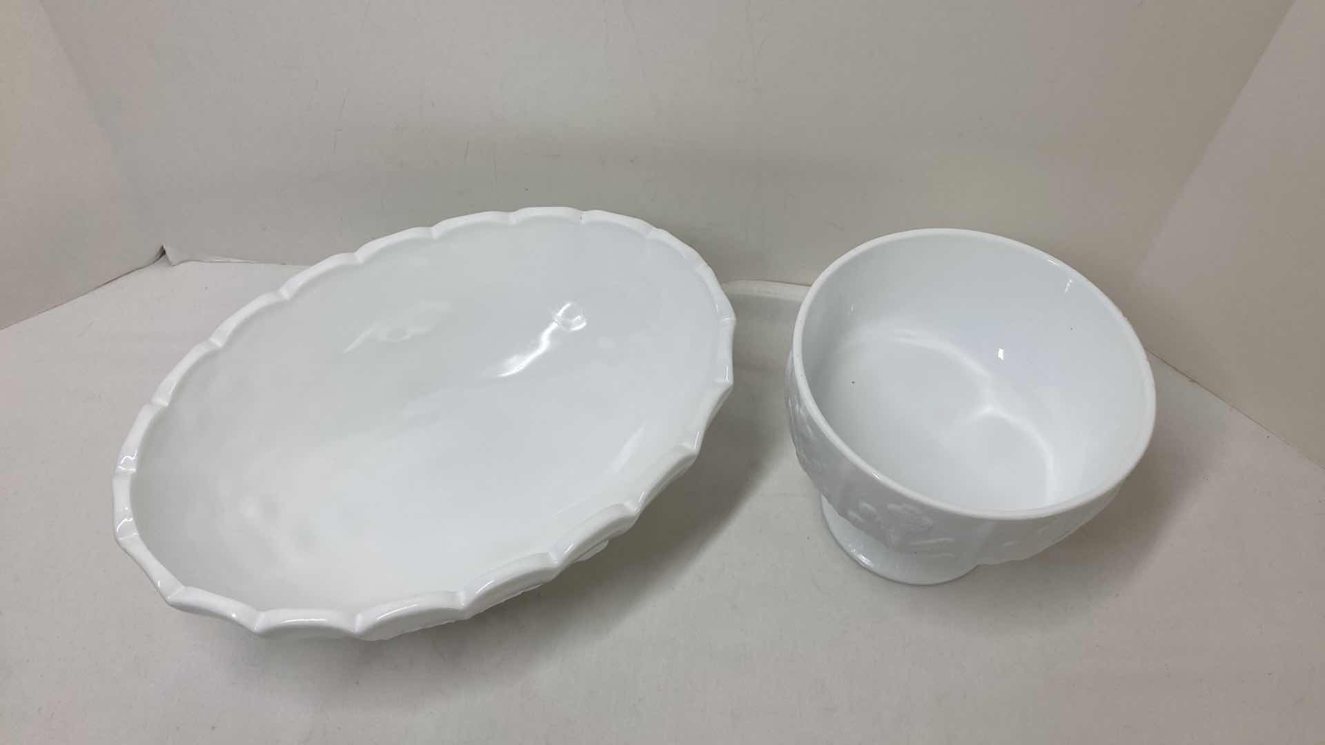 Photo 2 of MILK GLASS PEDESTAL SERVING BOWLS (2)