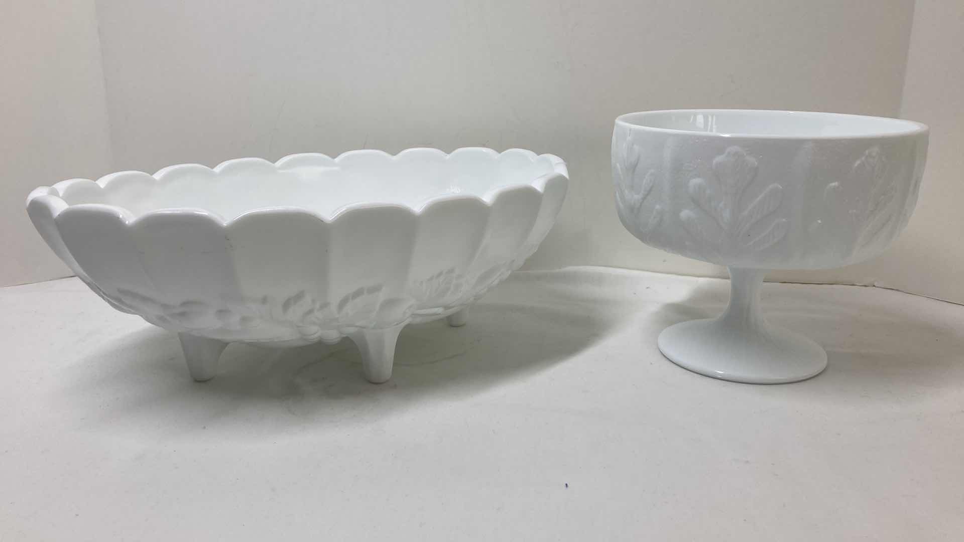 Photo 1 of MILK GLASS PEDESTAL SERVING BOWLS (2)