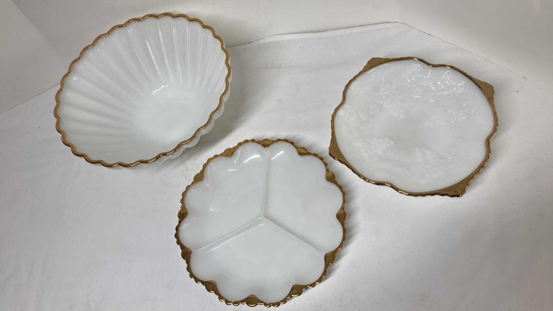 Photo 1 of MILK GLASS GOLD FINISH RIMMED SALAD BOWL & SERVING DISHES (2)