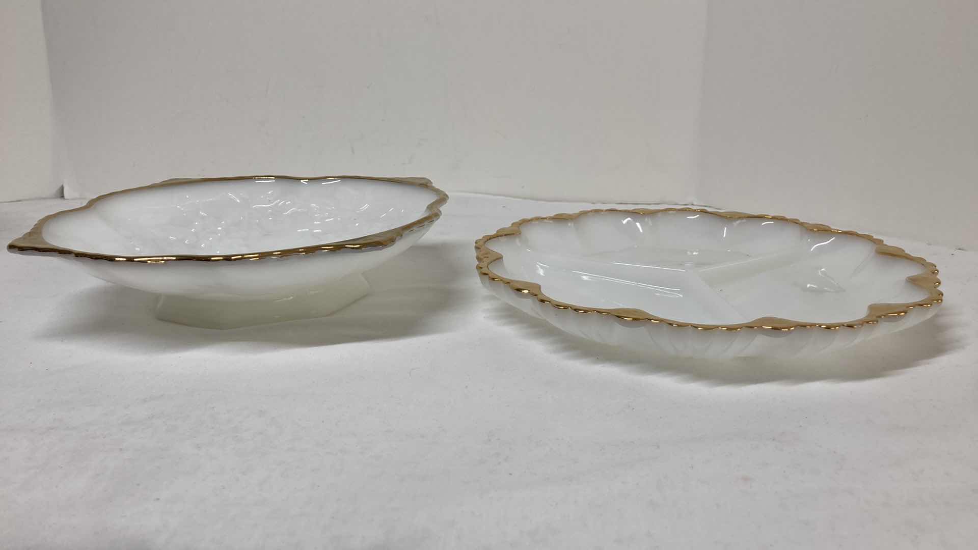 Photo 1 of MILK GLASS GOLD FINISH RIMMED SALAD BOWL & SERVING DISHES (2)
