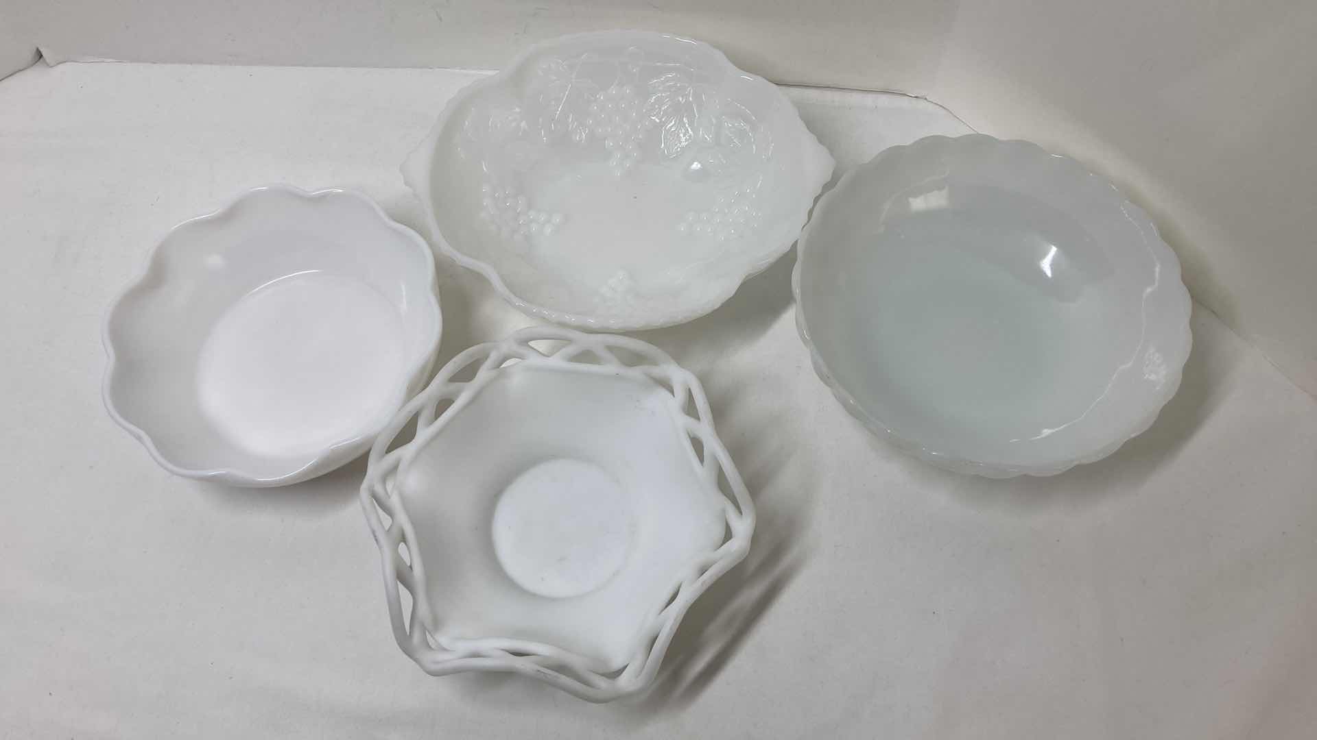Photo 1 of MILK GLASS SERVING BOWLS- VARIOUS DESIGNS (4)