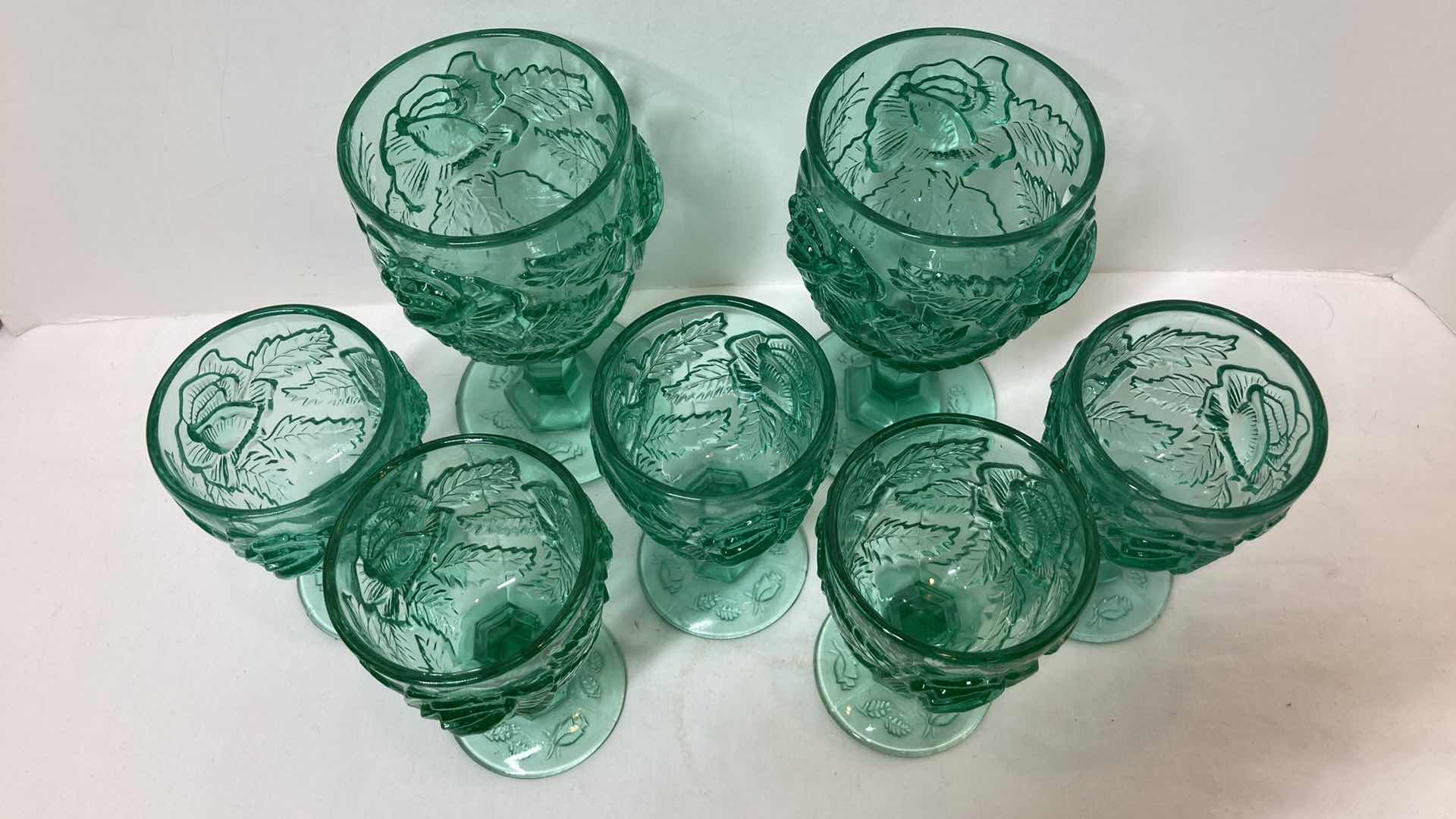 Photo 1 of WILD ROSES GREEN GLASS GOBLETS (7)
