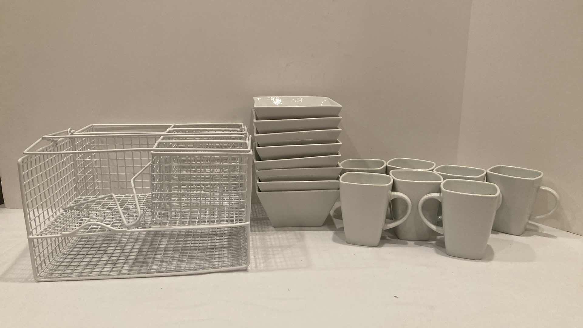 Photo 1 of SQUARED WHITE BOWL & MUG DISH SET (15) W UTENSIL CADDY
