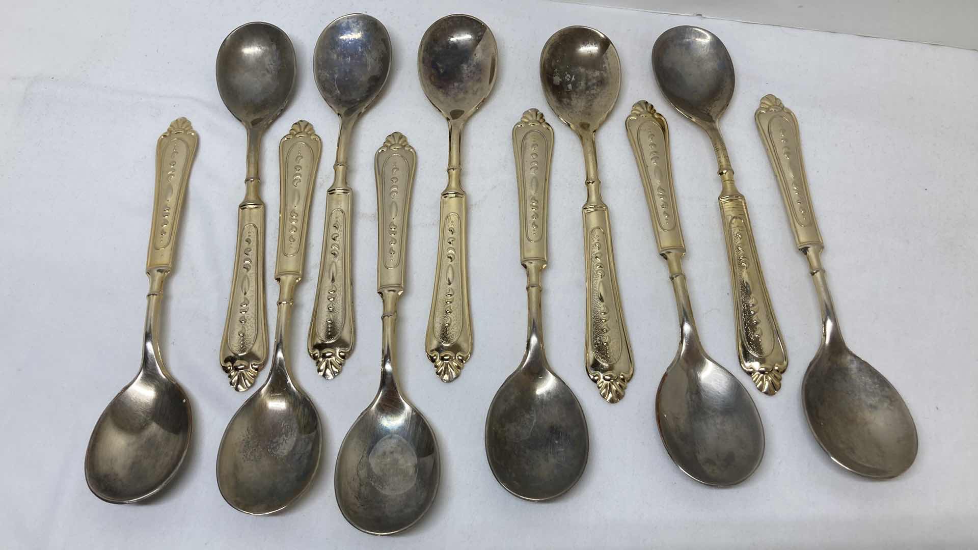 Photo 1 of LBL ITALY GOLD FINISH EP ZINC PLATED FLATWARE (36) W VARIOUS GOLD FINISH SERVING WARE (2) & FLATWARE RACK