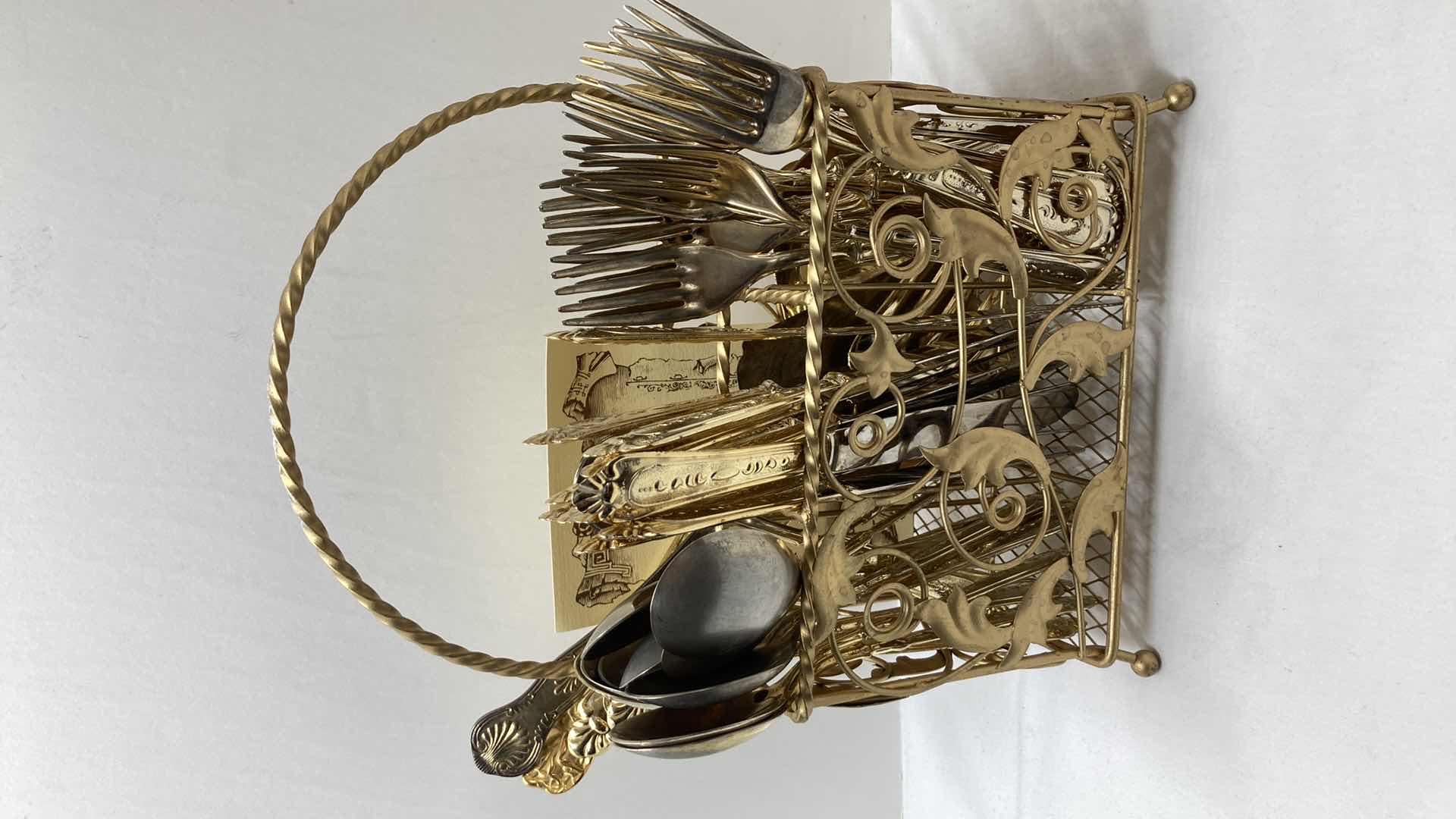 Photo 1 of LBL ITALY GOLD FINISH EP ZINC PLATED FLATWARE (36) W VARIOUS GOLD FINISH SERVING WARE (2) & FLATWARE RACK