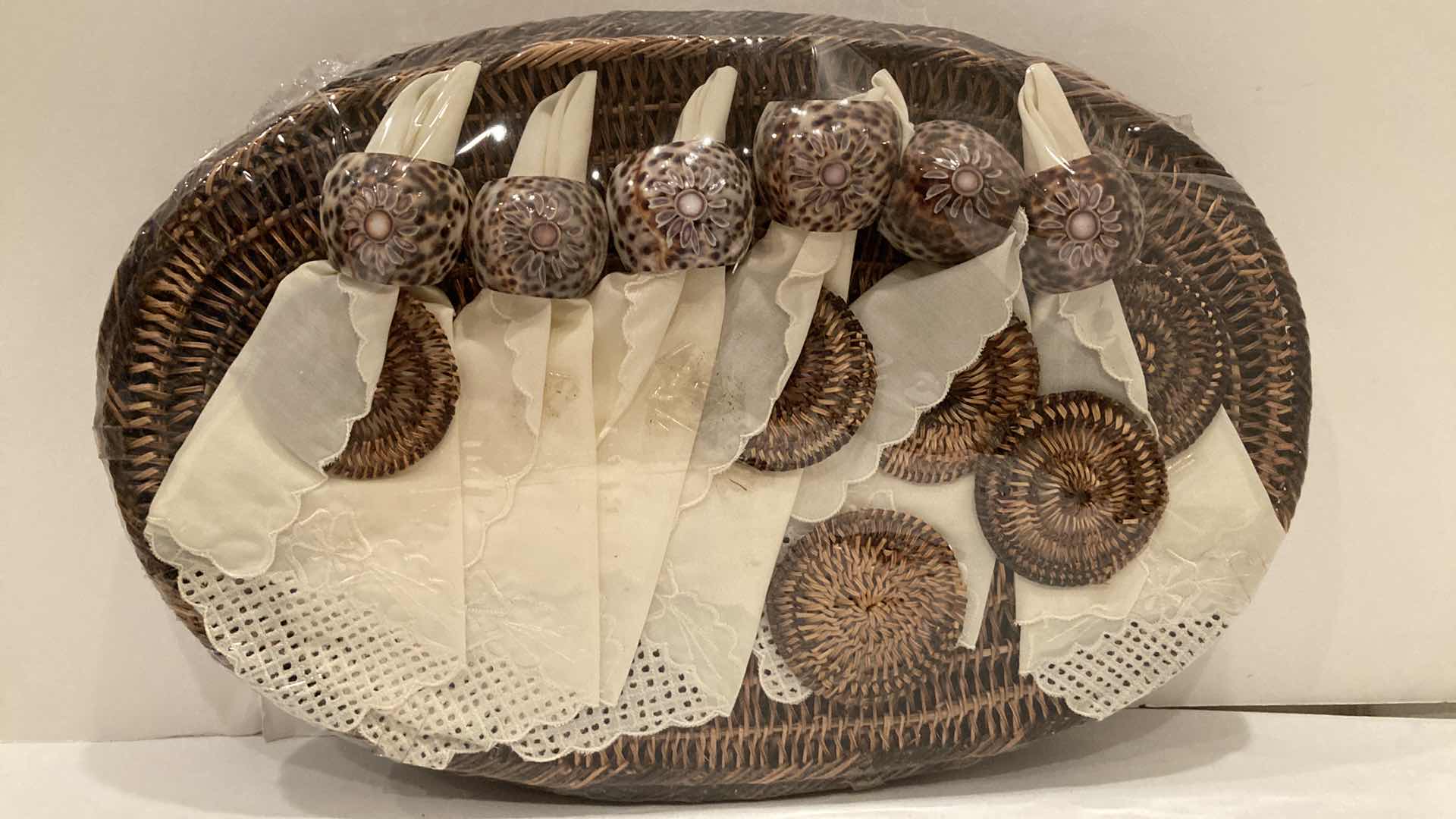 Photo 1 of NEW WICKER MATS & SEASHELL NAPKIN HOLDER SET (5PC)