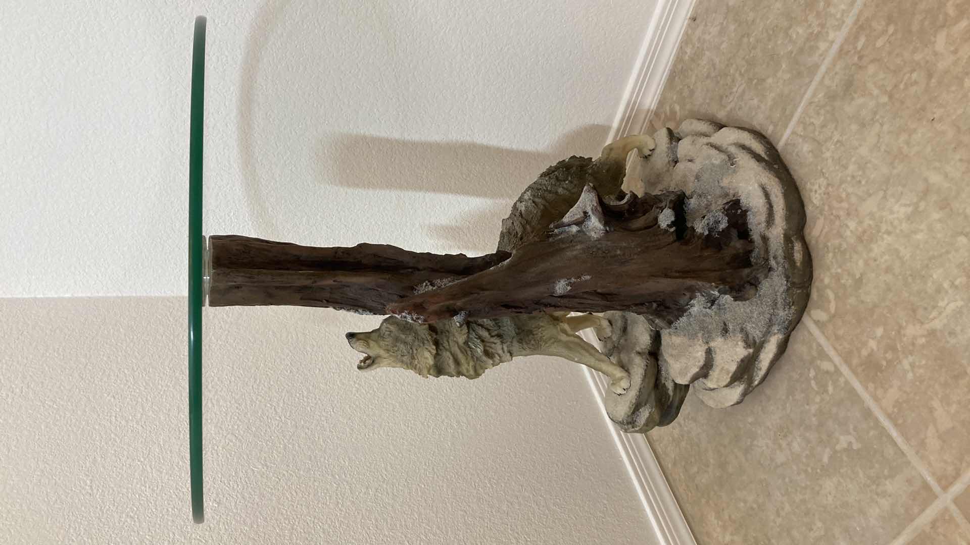 Photo 5 of HOWLING WOLF RESIN BASE GLASS TOP SIDE TABLE 19.5” X 26”