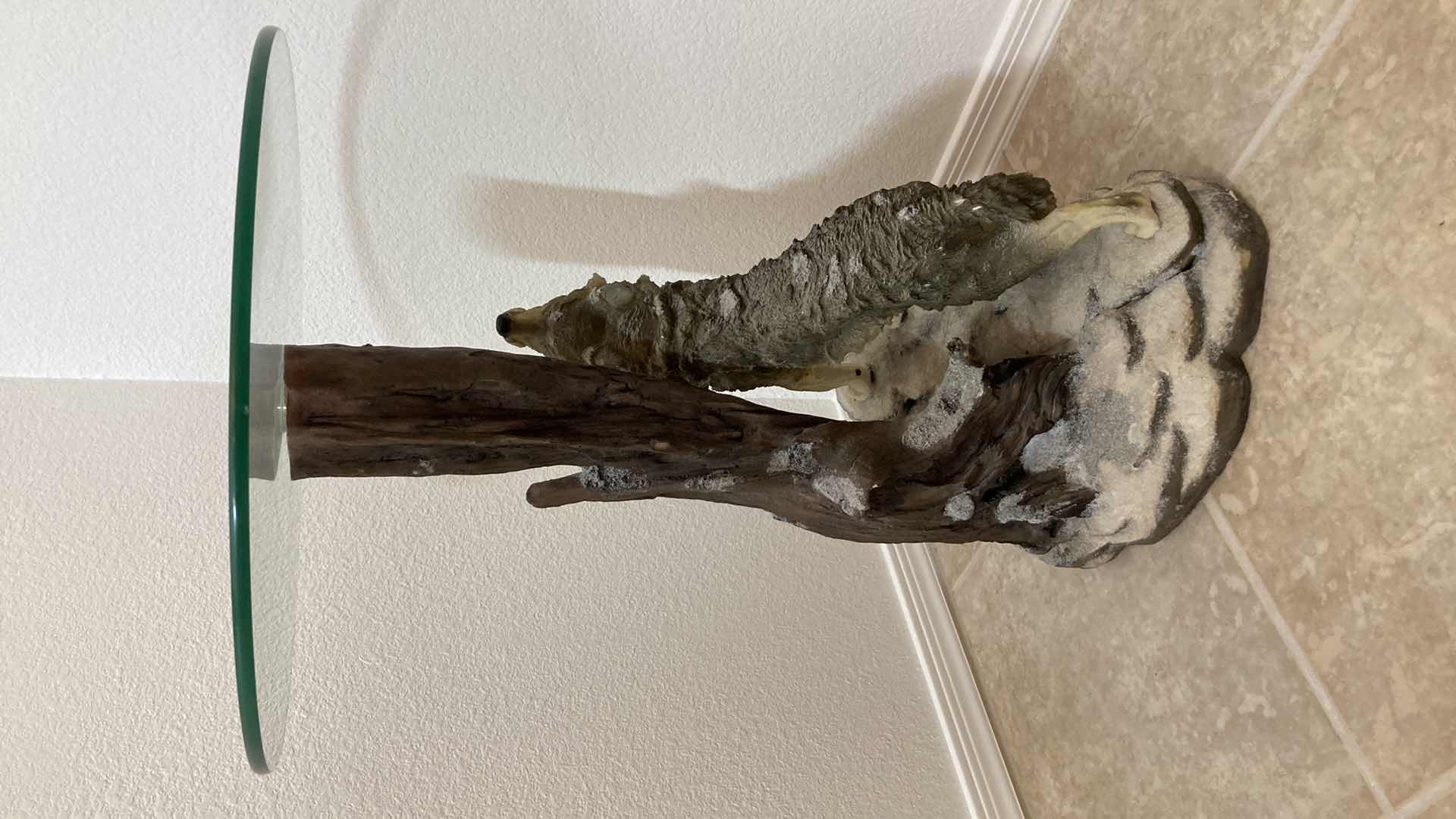 Photo 4 of HOWLING WOLF RESIN BASE GLASS TOP SIDE TABLE 19.5” X 26”