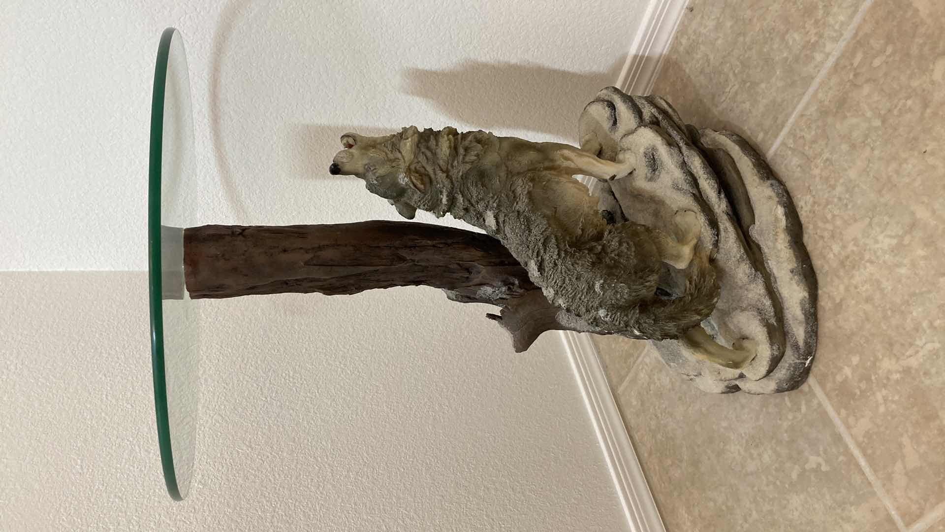 Photo 1 of HOWLING WOLF RESIN BASE GLASS TOP SIDE TABLE 19.5” X 26”