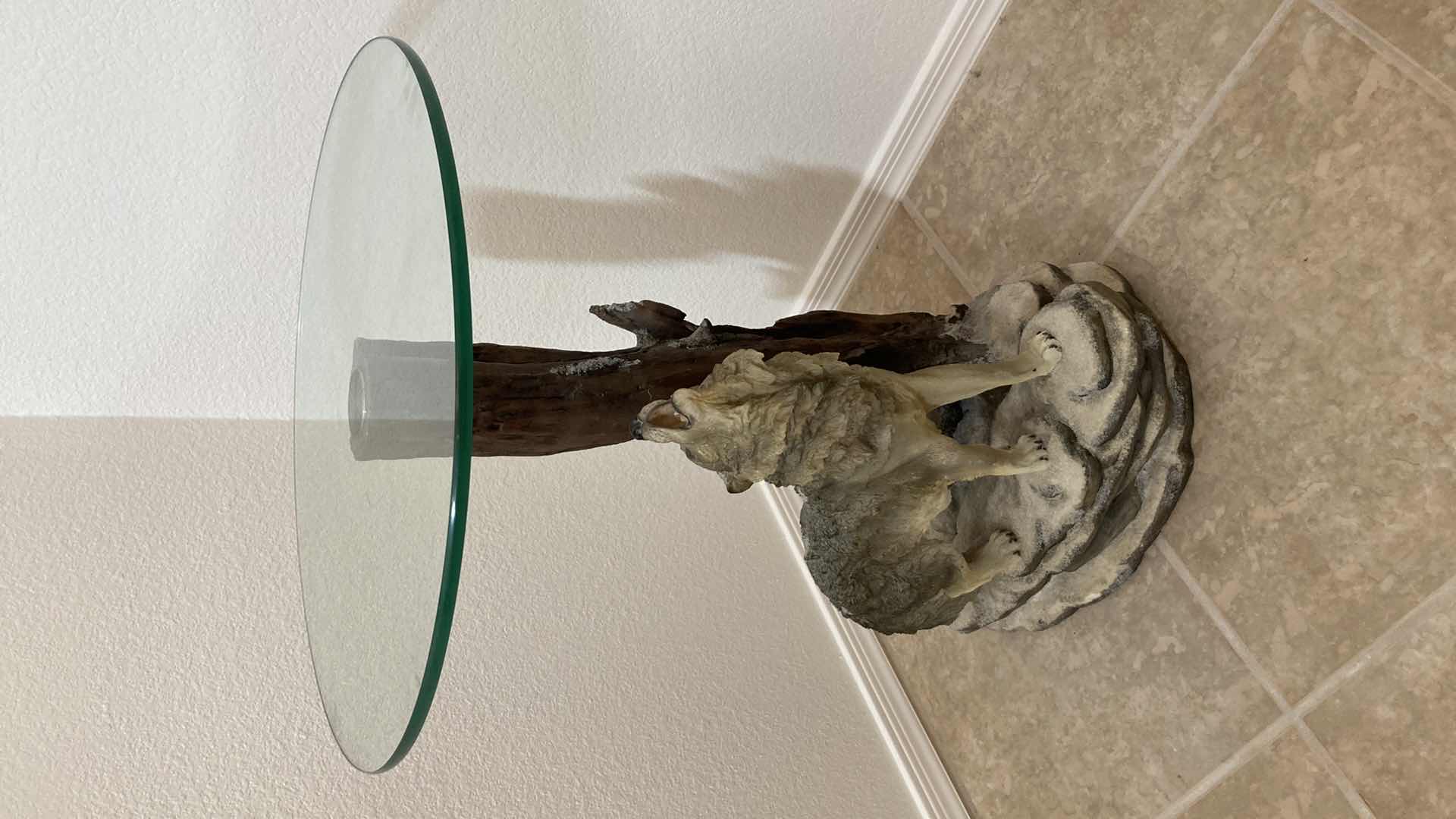 Photo 1 of HOWLING WOLF RESIN BASE GLASS TOP SIDE TABLE 19.5” X 26”