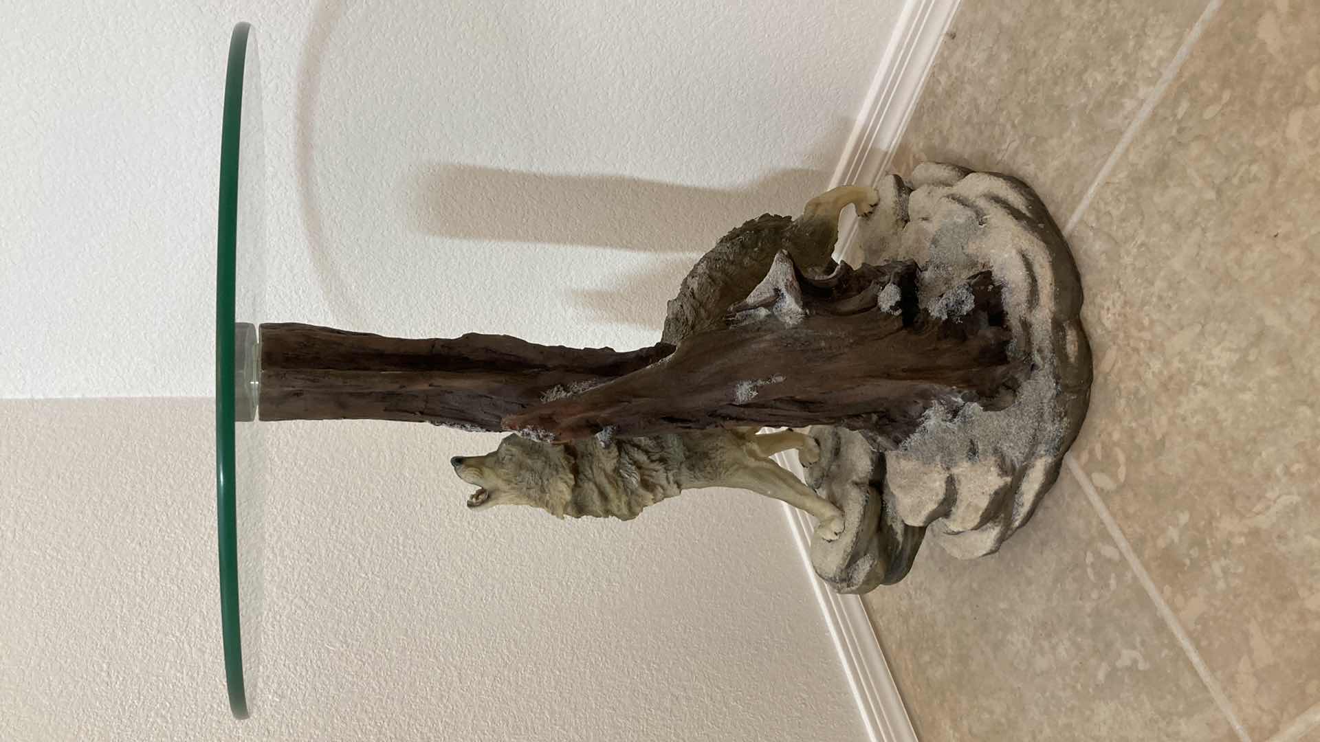 Photo 5 of HOWLING WOLF RESIN BASE GLASS TOP SIDE TABLE 19.5” X 26”