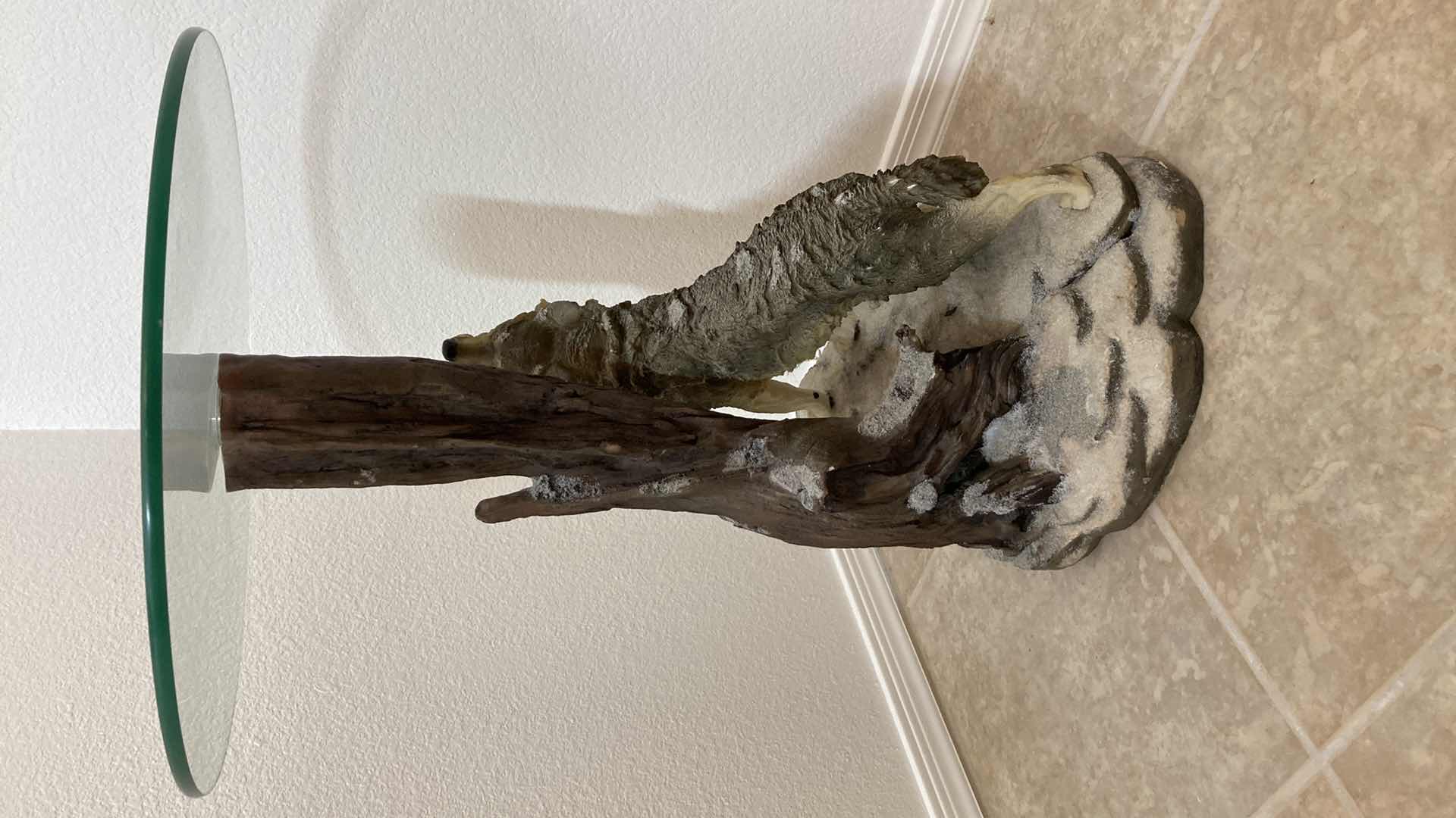 Photo 1 of HOWLING WOLF RESIN BASE GLASS TOP SIDE TABLE 19.5” X 26”