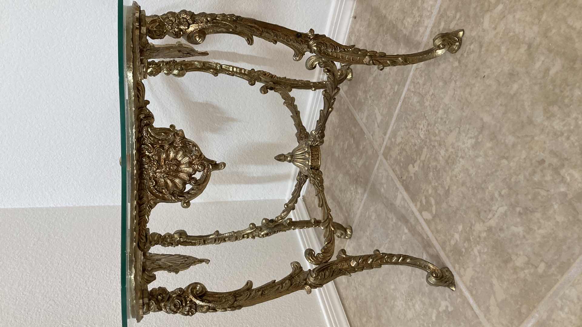 Photo 1 of EARLY CENTURY GOLD FINISH METAL BASE GLASS TOP ACCENT TABLE 20” X 18”