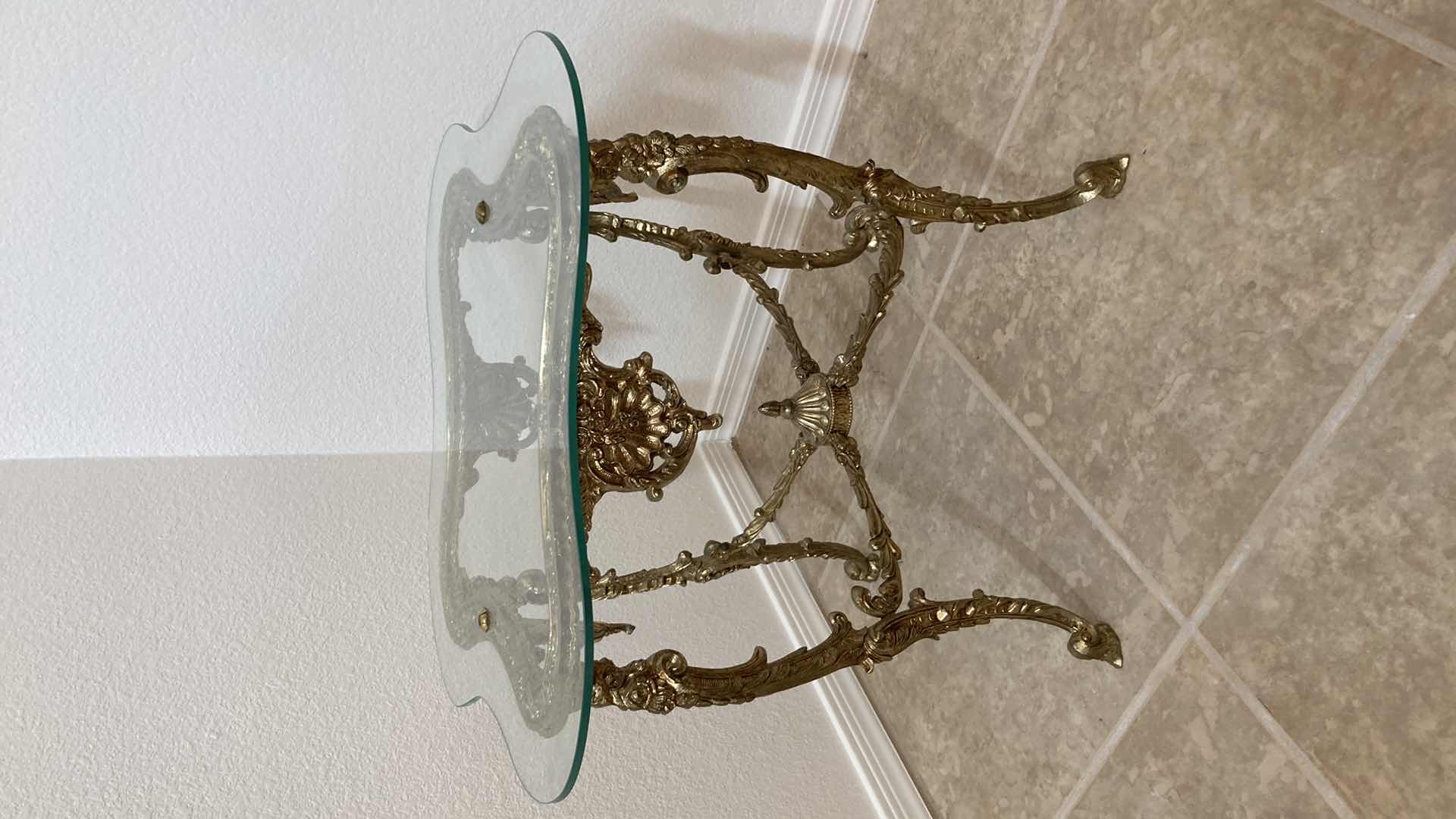 Photo 1 of EARLY CENTURY GOLD FINISH METAL BASE GLASS TOP ACCENT TABLE 20” X 18”