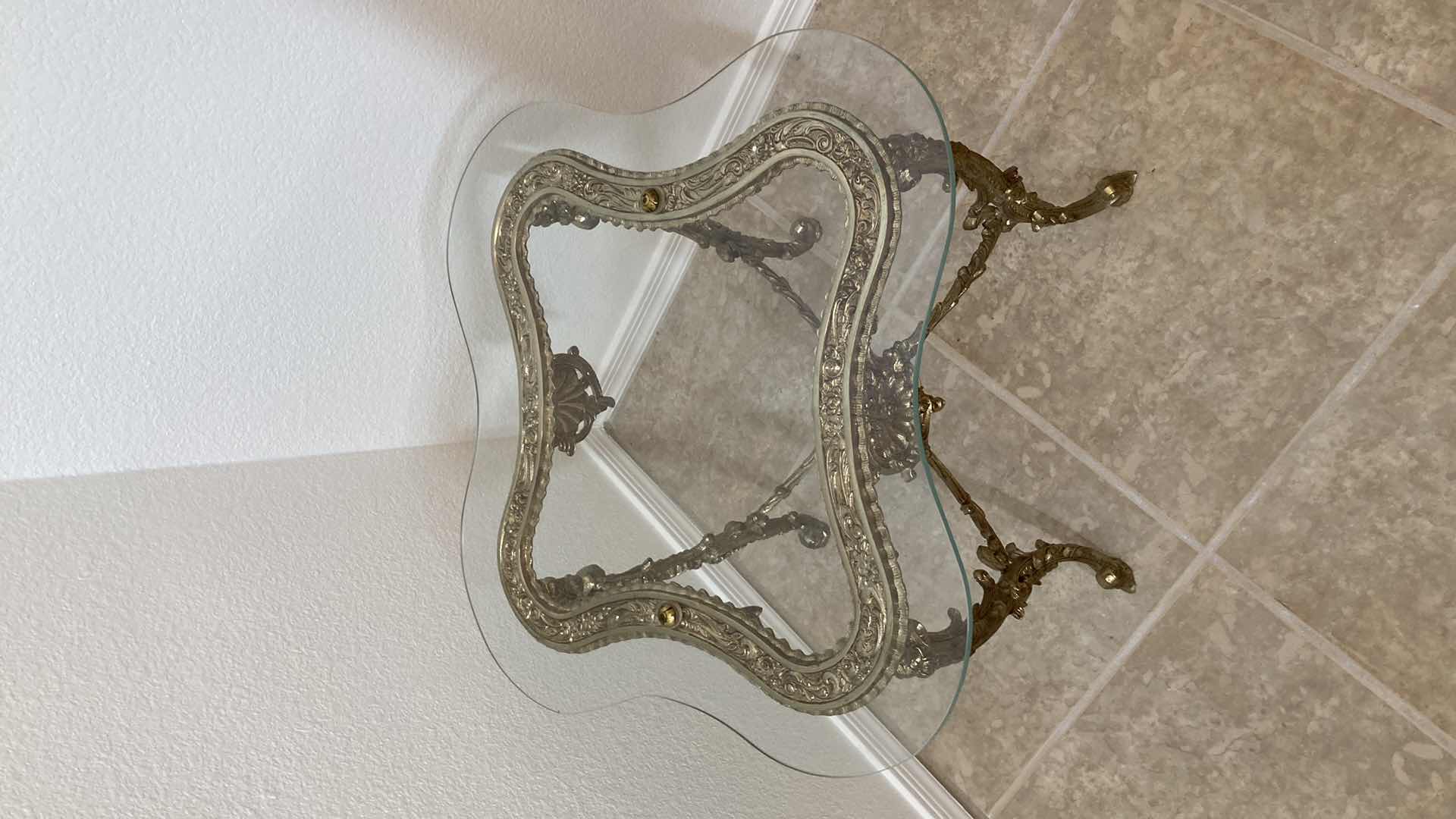 Photo 1 of EARLY CENTURY GOLD FINISH METAL BASE GLASS TOP ACCENT TABLE 20” X 18”