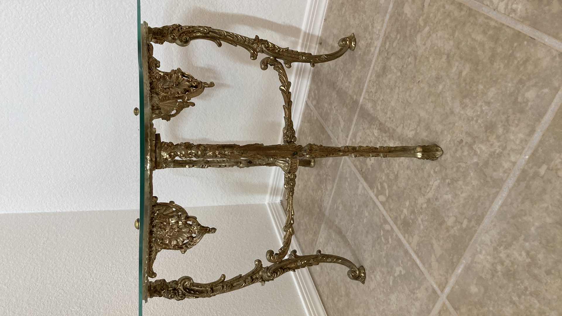 Photo 1 of EARLY CENTURY GOLD FINISH METAL BASE GLASS TOP ACCENT TABLE 20” X 18”